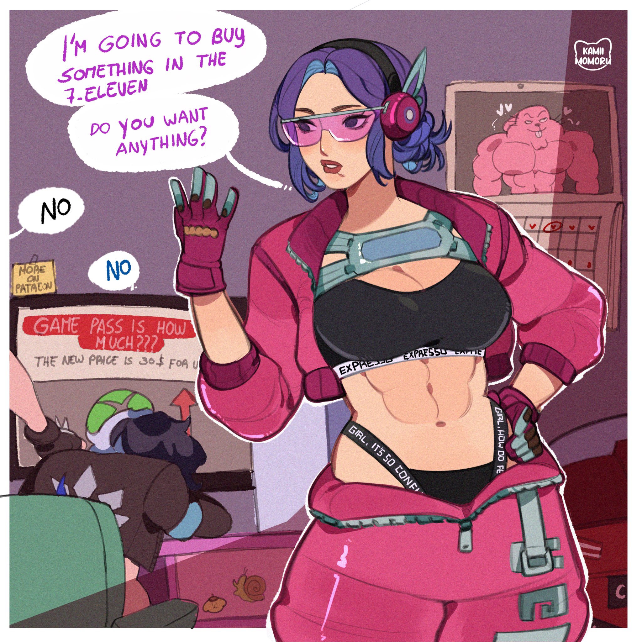 kamii momoru, luna snow, magik (x-men), psylocke, marvel, marvel rivals, the amazing world of gumball, x-men, highres, abs, black hair, breasts, glasses, gloves, jewelry, large breasts, long hair, meme, purple eyes, purple hair, snail, superhero costume, underwear