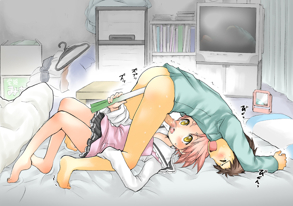 ubizo, kogami akira, shiraishi minoru, lucky star, 00s, 1boy, 1girl, anal, anal fingering, anal object insertion, apron, bare legs, barefoot, bed, bedroom, blush, bottomless, censored, clothed sex, feet, fellatio, femdom, fingering, hetero, loli, lying, male penetrated, mosaic censoring, negi suppository, object insertion, open mouth, oral, pajamas, pegging, penis, pink hair, prostate milking, reflection, shota, skirt, spring onion, tears, yellow eyes
