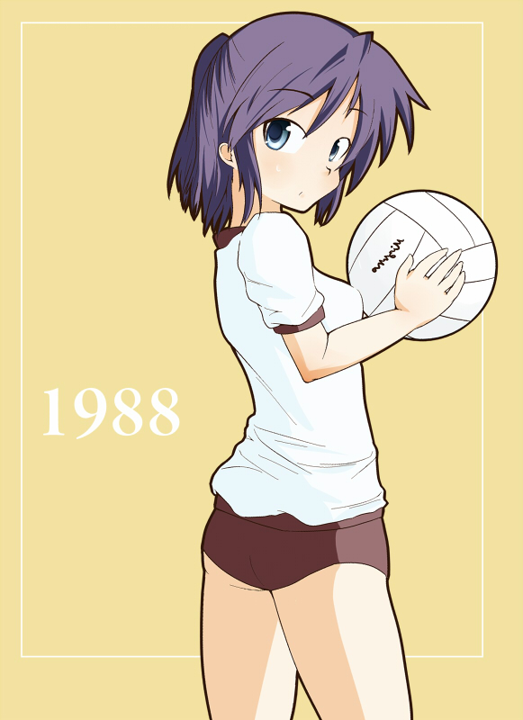 shing (sorairo factory), hiiragi miki, lucky star, 00s, 1girl, aged down, alternate hairstyle, ass, ball, blue eyes, blush, buruma, closed mouth, cowboy shot, dot mouth, female focus, from side, gluteal fold, gym shirt, gym uniform, holding, holding ball, looking at viewer, looking to the side, purple hair, red buruma, shirt, shirt tucked in, short hair, short sleeves, simple background, solo, standing, volleyball (object), white shirt, yellow background