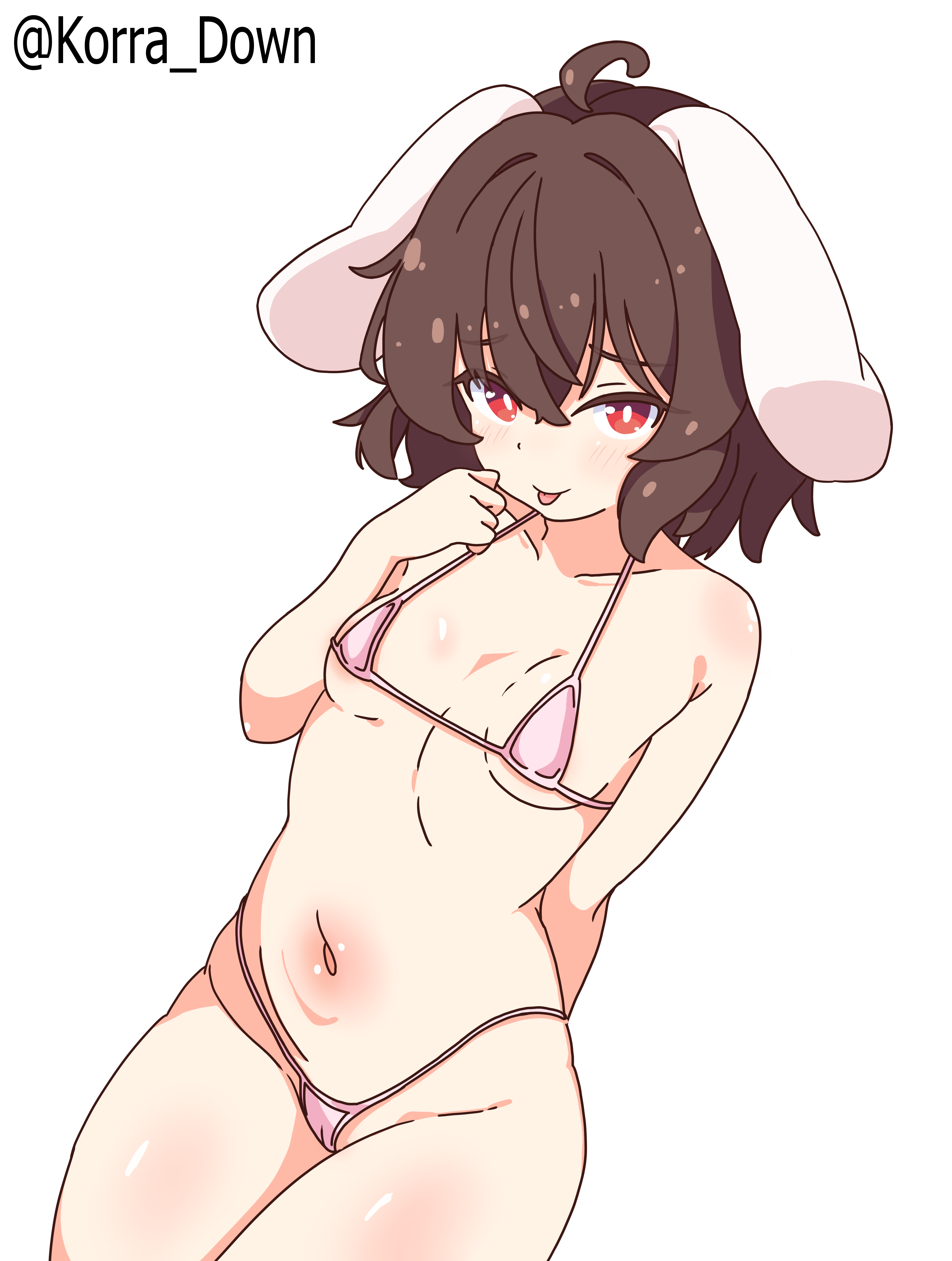 inaba tewi, touhou, absurdres, highres, 1girl, :p, animal ears, bikini, breasts, brown hair, korra down, micro bikini, navel, petite, pink bikini, rabbit ears, rabbit girl, red eyes, simple background, small breasts, solo, stomach, swimsuit, tongue, tongue out, white background