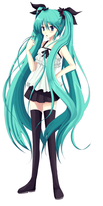 chocho (homelessfox), hatsune miku, vocaloid, world is mine (vocaloid), bad id, bad pixiv id, 1girl, aqua hair, blue eyes, female focus, long hair, skirt, solo, thighhighs, twintails, twirling hair, very long hair