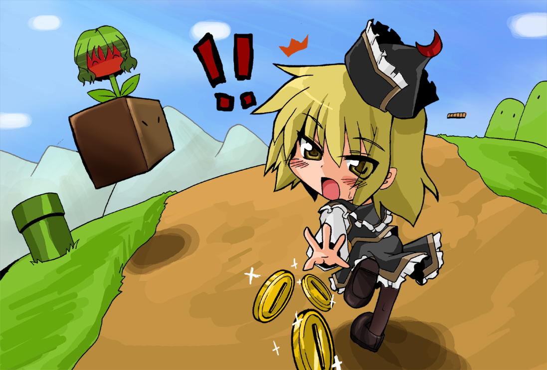 kotojima motoki, kotoshima, kazami yuuka, lunasa prismriver, mario (series), nintendo, super mario world, touhou, bad id, bad pixiv id, 1girl, coin, crossover, female focus, fire flower, outdoors, parody, sky, solo