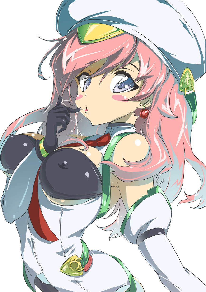 tashiromotoi, seira orgel, blood tune, chaos;head, science adventure, highres, 1girl, bandeau, bare shoulders, black bandeau, black gloves, blush, breasts, cleavage, covered erect nipples, detached sleeves, elbow gloves, gloves, hair between eyes, hair ornament, hat, long hair, looking at viewer, medium breasts, necktie, open mouth, pink hair, purple eyes, red necktie, saliva, simple background, smile, solo, star (symbol), tongue, tongue out, underboob, upper body, white background