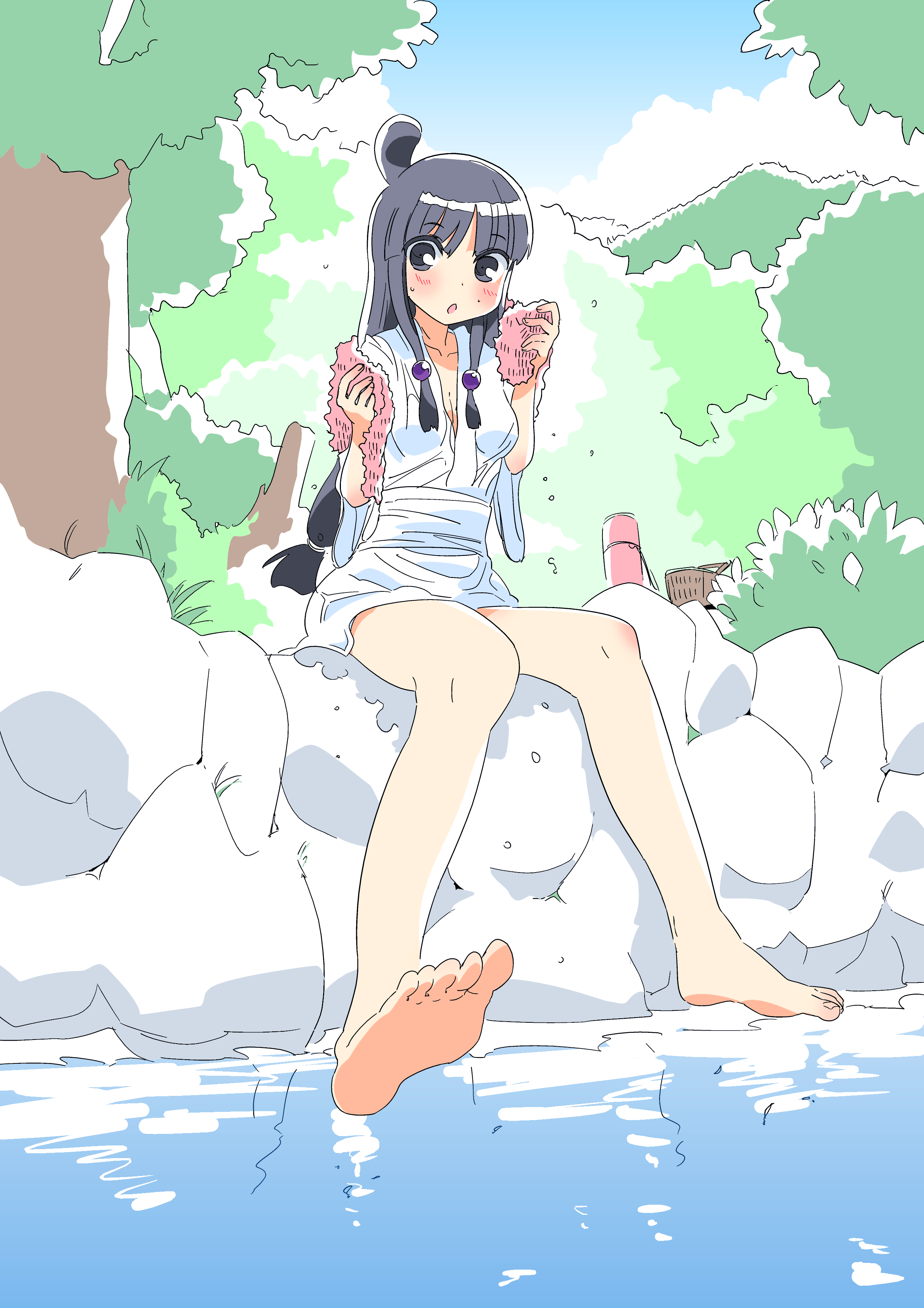 maya fey, ace attorney, capcom, artist request, source request, bare legs, barefoot, black eyes, black hair, blush, container, day, feet, forest, hair ornament, japanese clothes, lake, looking at viewer, nature, picnic basket, ponytail, robe, rock, soles, toes, towel, water, wet