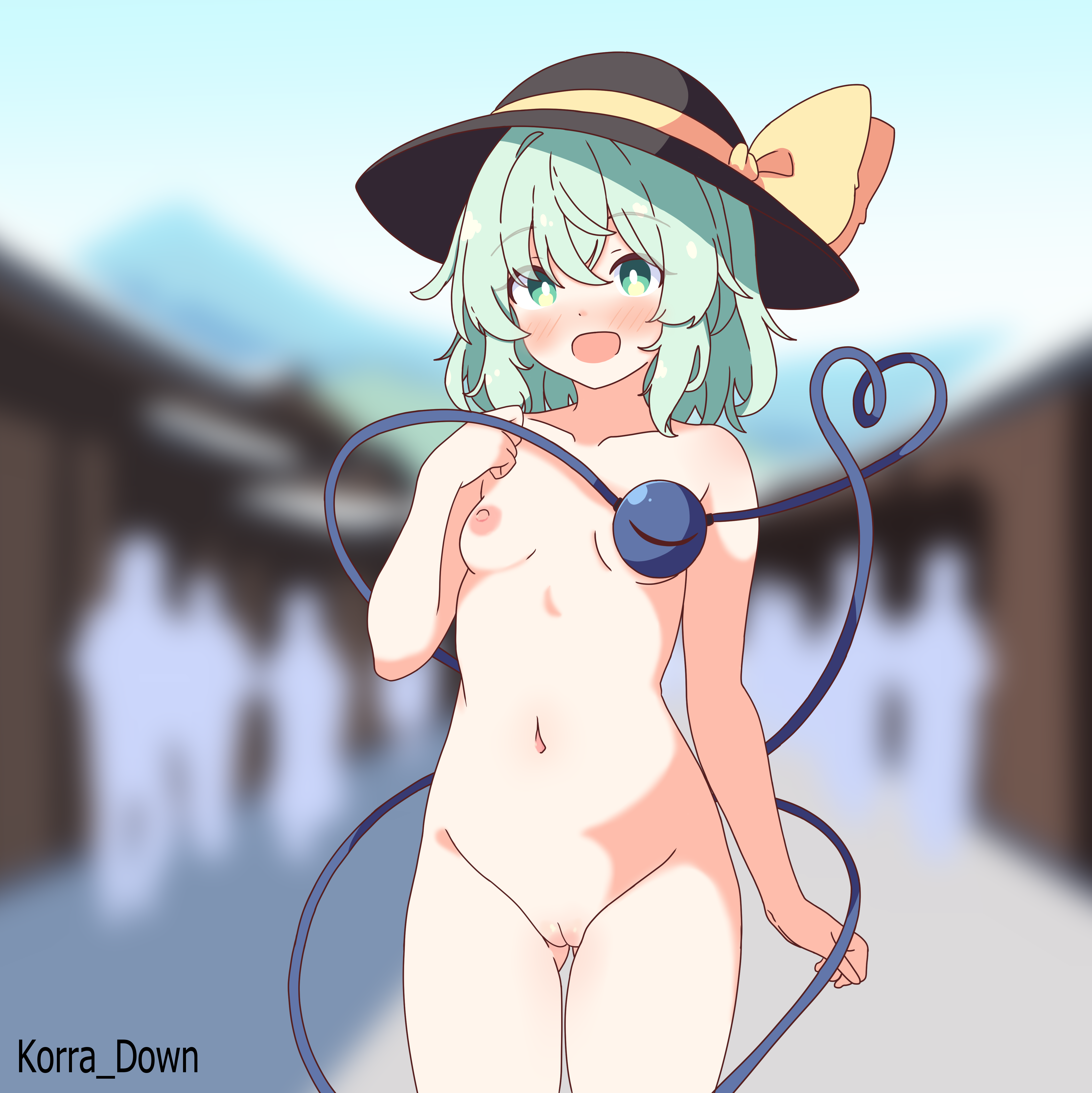 komeiji koishi, touhou, absurdres, highres, 1girl, :d, black hat, blush, breasts, cleft of venus, completely nude, cowboy shot, exhibitionism, eyeball, green eyes, green hair, hat, hat ribbon, heart, heart of string, korra down, nipples, nude, open mouth, outdoors, petite, public indecency, pussy, ribbon, small breasts, smile, solo