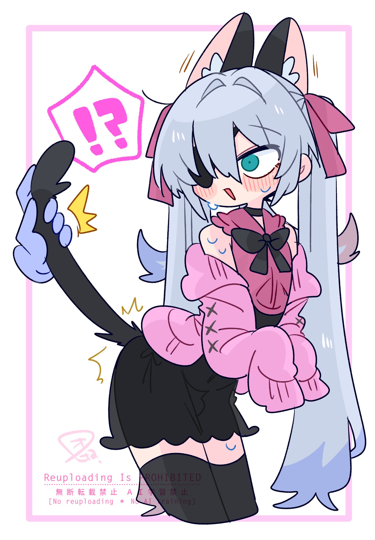 op na yarou, original, commentary, highres, !?, 1boy, animal ear fluff, animal ears, bare shoulders, black bow, black bowtie, black choker, black corset, black skirt, black tail, black thighhighs, blue eyes, blue hair, blush, bow, bowtie, bulge, cardigan, cat boy, cat ears, cat tail, choker, collar, collared shirt, colored tips, corset, cowboy shot, crossdressing, crossdressing (mtf), disembodied hand, extra ears, eyepatch, flipped hair, frilled collar, frills, from side, grabbing another's tail, hair between eyes, hair bow, hair intakes, leaning forward, long hair, long sleeves, looking back, male focus, multicolored hair, no nose, off shoulder, one eye covered, open cardigan, open clothes, open mouth, panties, pink bow, pink cardigan, pink shirt, quad tails, red hair, rigel (op na yarou), see-through clothes, see-through skirt, shirt, side-tie panties, sidelocks, simple background, skirt, sleeveless, sleeveless shirt, sleeves past fingers, sleeves past wrists, solo, standing, straight hair, surprised, sweat, tail, thighhighs, thighs, trap, underwear, very long hair, watermark, white background, white hair, wide-eyed