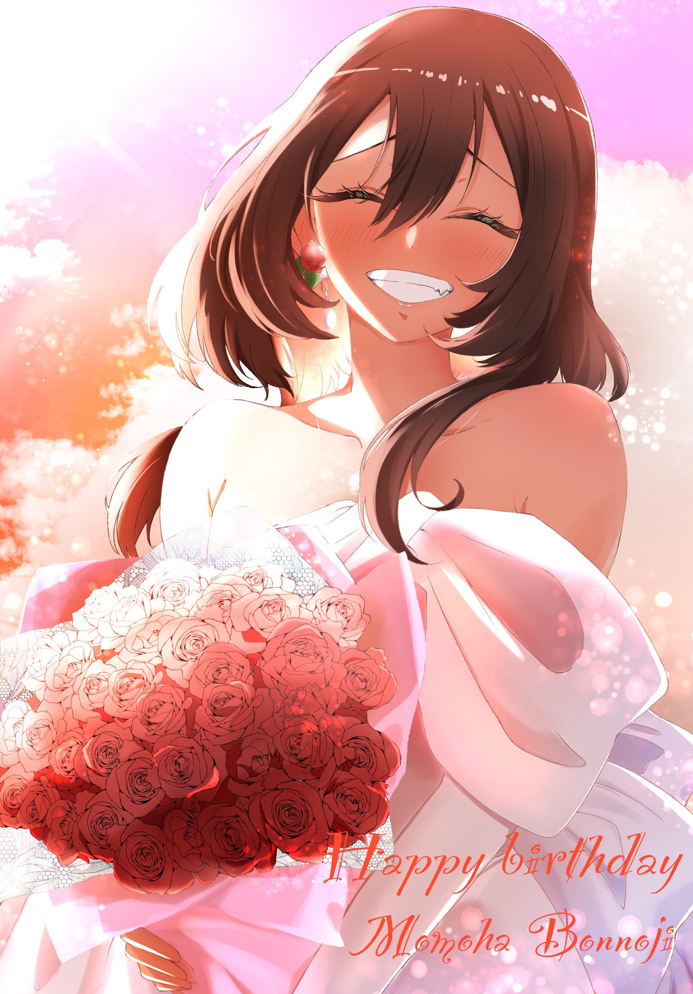 nanraka, bonnouji momoha, kimi no koto ga dai dai dai dai daisuki na 100-nin no kanojo, commentary request, highres, 1girl, :d, bare shoulders, bouquet, brown hair, closed eyes, cloud, collarbone, dress, earrings, english text, facing viewer, fang, flower, flower earrings, gradient hair, grin, hair between eyes, hair over shoulder, happy, happy birthday, holding, holding bouquet, jewelry, lens flare, long eyelashes, long hair, long hair between eyes, long sidelocks, multicolored hair, open mouth, orange sky, outdoors, pink sky, red flower, sidelighting, sidelocks, single earring, sky, smile, solo, teeth, white dress