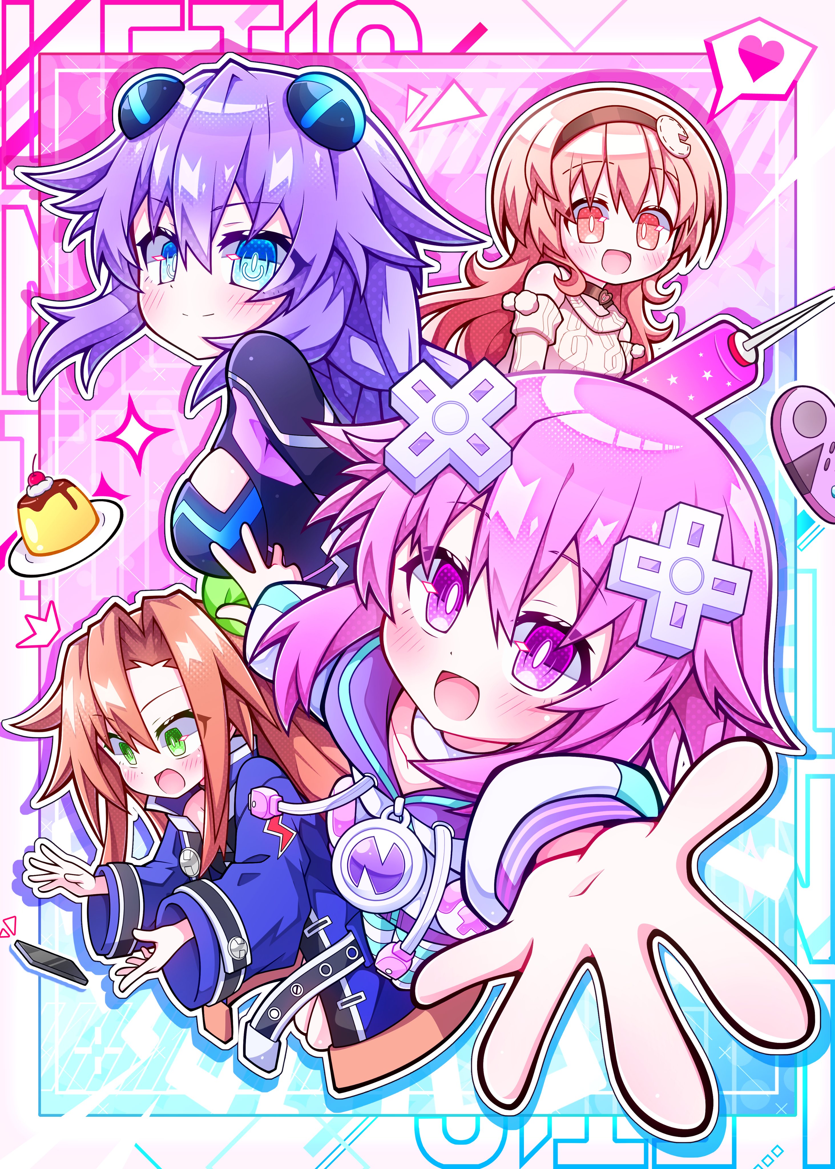 aijiro83, compa, if (neptunia), neptune (neptunia), purple heart (neptunia), neptune (series), absurdres, commentary request, highres, 4girls, bare shoulders, blue eyes, blush, bow, brown hair, choker, d-pad, d-pad hair ornament, dual persona, food, green eyes, hair ornament, heart, heart choker, hood, hoodie, jewelry, long hair, multiple girls, neck ring, neon trim, open mouth, power symbol-shaped pupils, pudding, purple eyes, purple hair, purple heart (lost purple) (neptunia), short hair, smile, socks, striped clothes, striped socks, striped thighhighs, sweater, symbol-shaped pupils, thighhighs, usb, white choker