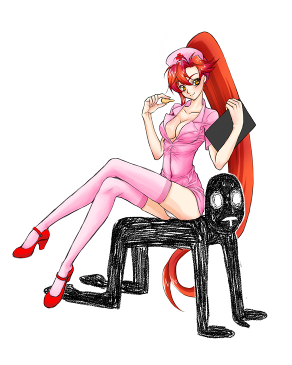 sukima (pixiv12253), antispiral, yoko littner, tengen toppa gurren lagann, bad id, bad pixiv id, 00s, 1girl, anti-spiral, breasts, cleavage, crossed legs, high heels, large breasts, long hair, nurse, ponytail, red hair, shoes, sitting, thighhighs