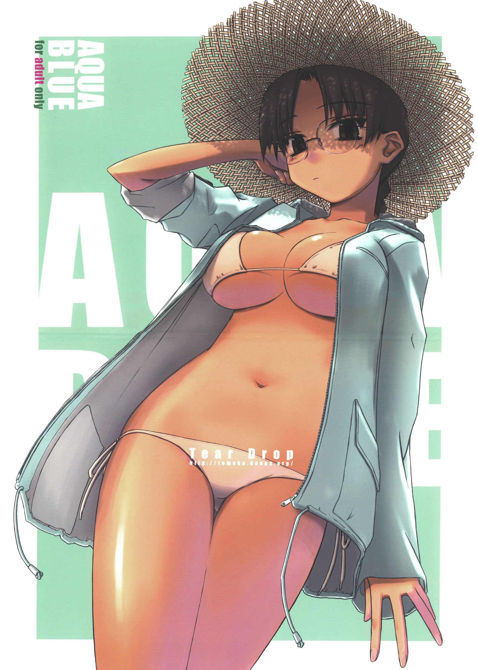 tsuina, hoshina tomoko, to heart, to heart (series), highres, 1girl, bikini, braid, breasts, brown eyes, brown hair, cover, female focus, glasses, hat, large breasts, lowleg, lowleg bikini, side-tie bikini bottom, sleeves rolled up, solo, straw hat, swimsuit, underboob, white bikini