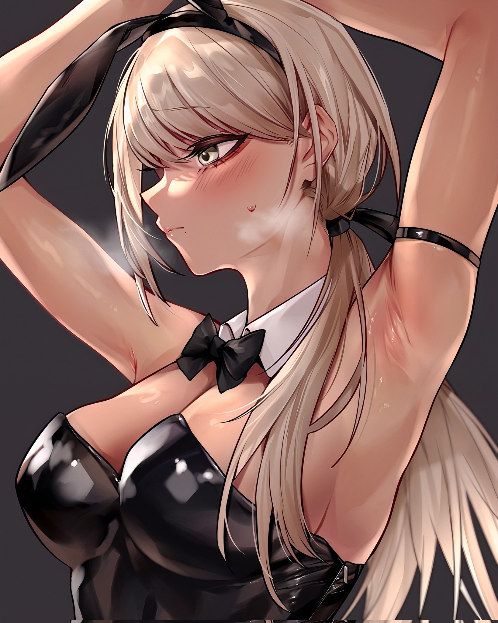 poisononion, kawana tsubasa, the hundred line -last defense academy-, commentary, corrupted twitter file, highres, symbol-only commentary, 1girl, animal ears, arm strap, armpits, arms up, black background, black bow, black bowtie, black leotard, blonde hair, blush, bow, bowtie, breasts, cleavage, detached collar, fake animal ears, grey eyes, large breasts, leotard, long hair, looking ahead, playboy bunny, ponytail, rabbit ears, solo, strapless, strapless leotard, sweatdrop