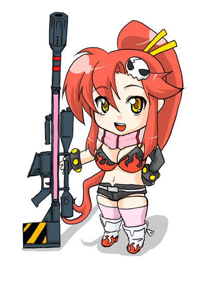 sukima (pixiv12253), yoko littner, tengen toppa gurren lagann, bad id, bad pixiv id, 00s, anti-materiel rifle, belt, bikini, bikini top only, boots, chibi, fingerless gloves, gloves, gun, hair ornament, long hair, midriff, open mouth, pink thighhighs, ponytail, red hair, rifle, scarf, shorts, sniper rifle, solo, striped clothes, striped scarf, swimsuit, thighhighs, weapon, yellow eyes