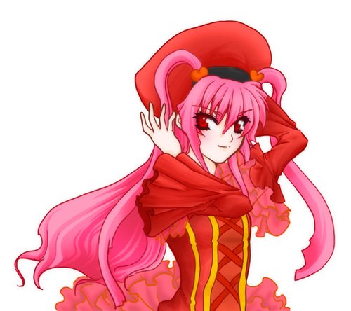 sukima (pixiv12253), another blood, demonbane, bad id, bad pixiv id, lowres, 00s, hat, long hair, pink hair, red eyes, simple background, solo