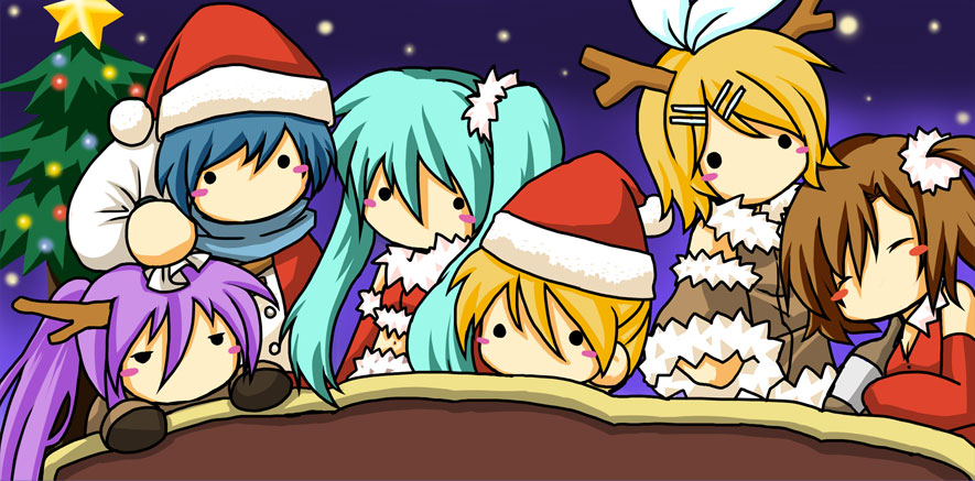 k101, k1 (artist), hatsune miku, kagamine len, kagamine rin, kaito (vocaloid), kamui gakupo, meiko (vocaloid), vocaloid, bad id, bad pixiv id, 3boys, 3girls, animal costume, aqua hair, chibi, christmas, christmas tree, multiple boys, multiple girls, o o, reindeer costume, santa costume