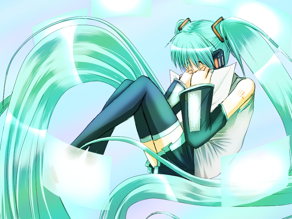k101, k1 (artist), hatsune miku, vocaloid, bad id, bad pixiv id, 1girl, aqua hair, closed eyes, detached sleeves, female focus, long hair, skirt, solo, thighhighs, twintails, very long hair