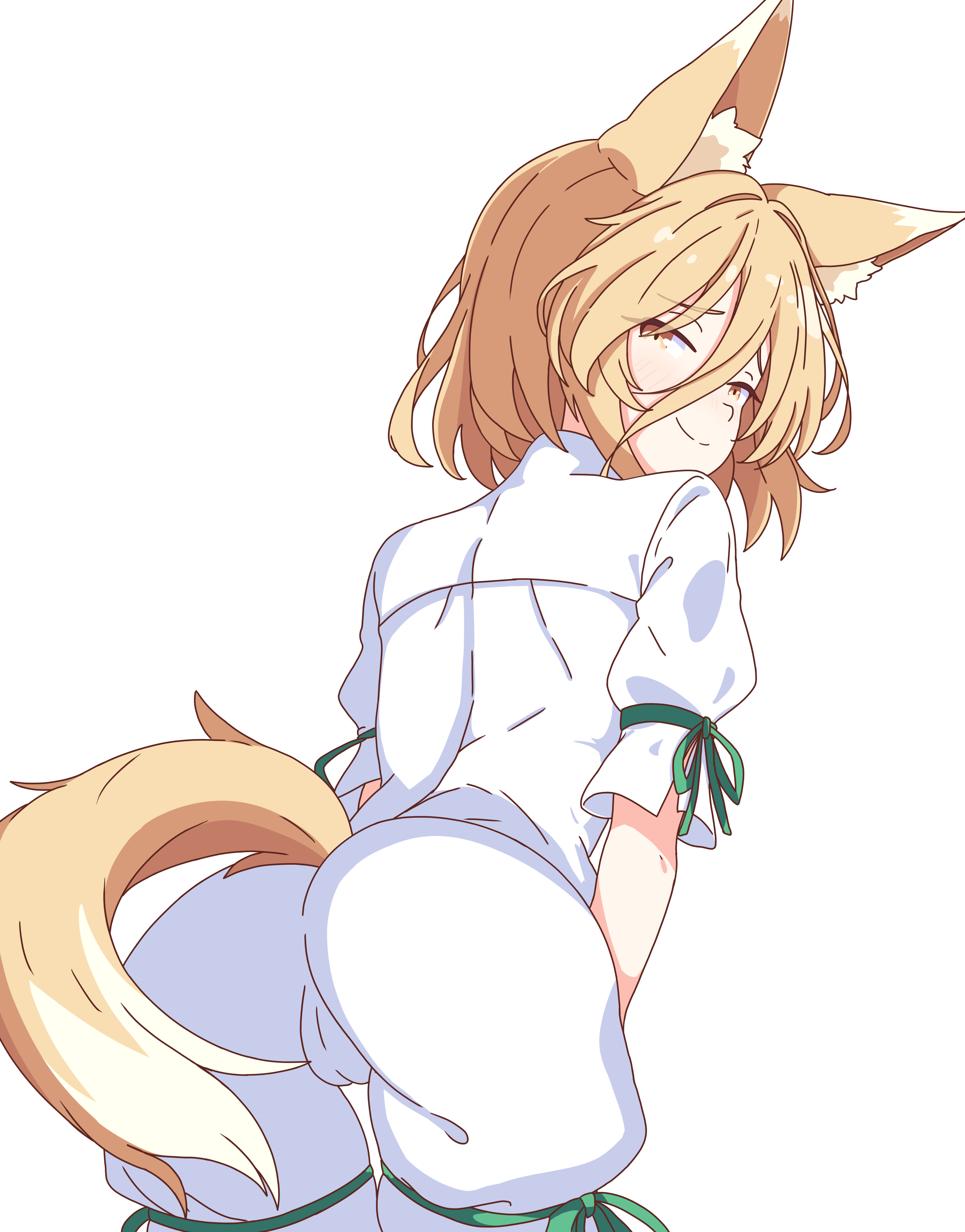 kudamaki tsukasa, touhou, absurdres, commission, highres, pixiv commission, 1girl, animal ears, ass, blonde hair, brown eyes, cameltoe, fox ears, fox girl, fox tail, korra down, leaning forward, romper, simple background, smile, solo, tail, white background, white romper