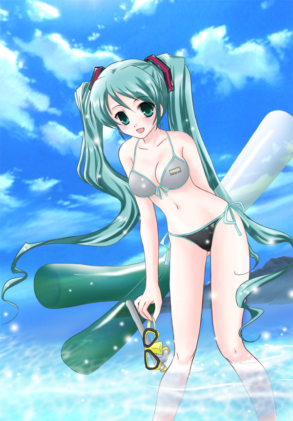 kuryuu, sora (pixiv54916), hatsune miku, vocaloid, bad id, bad pixiv id, aqua eyes, aqua hair, bikini, cloud, day, diving mask, goggles, long hair, side-tie bikini bottom, sky, snorkel, solo, spring onion, swimsuit, twintails, water