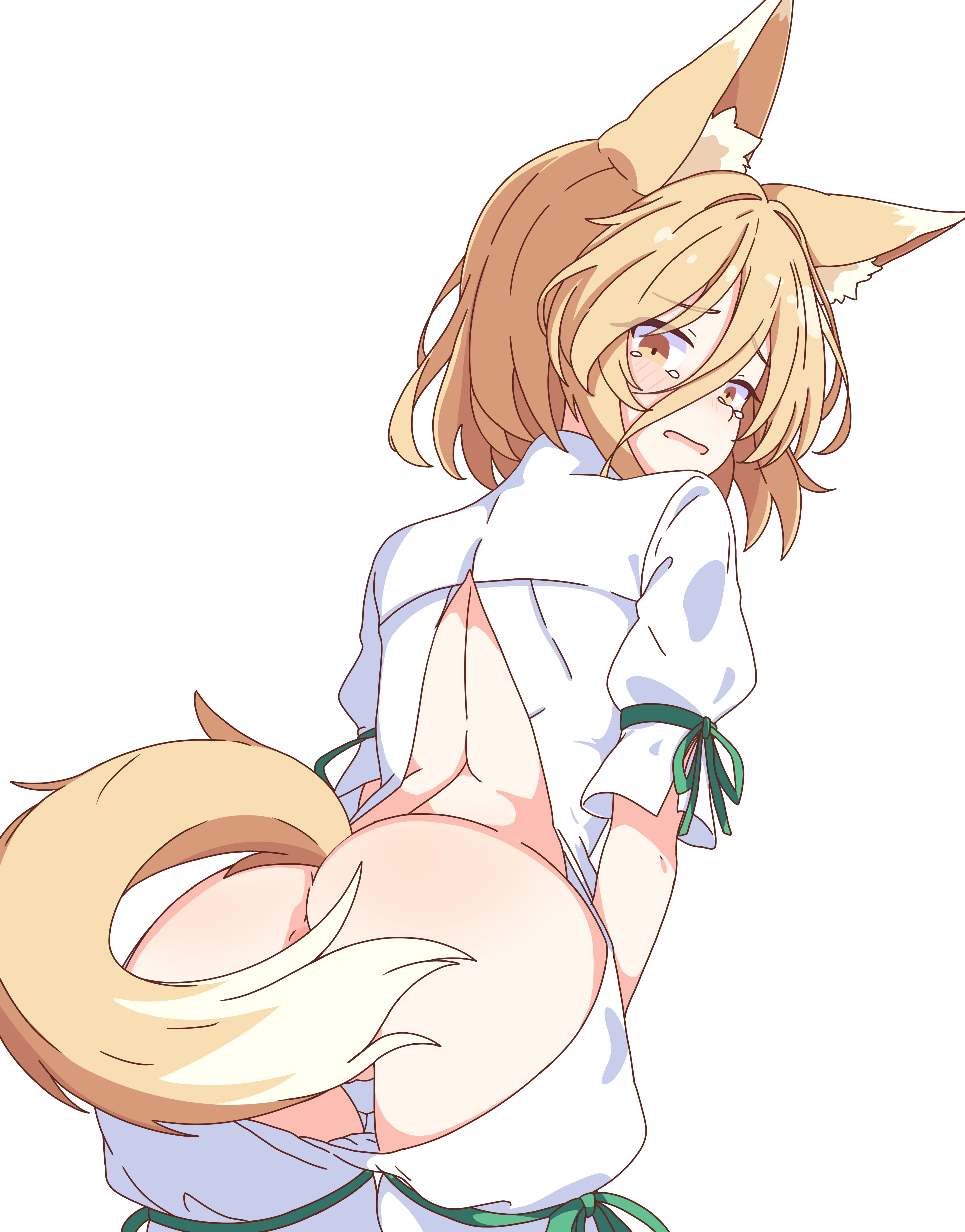 kudamaki tsukasa, touhou, absurdres, commission, highres, pixiv commission, 1girl, animal ears, ass, blonde hair, brown eyes, cameltoe, flustered, fox ears, fox girl, fox tail, korra down, leaning forward, open romper, romper, simple background, solo, tail, tail censor, white background, white romper