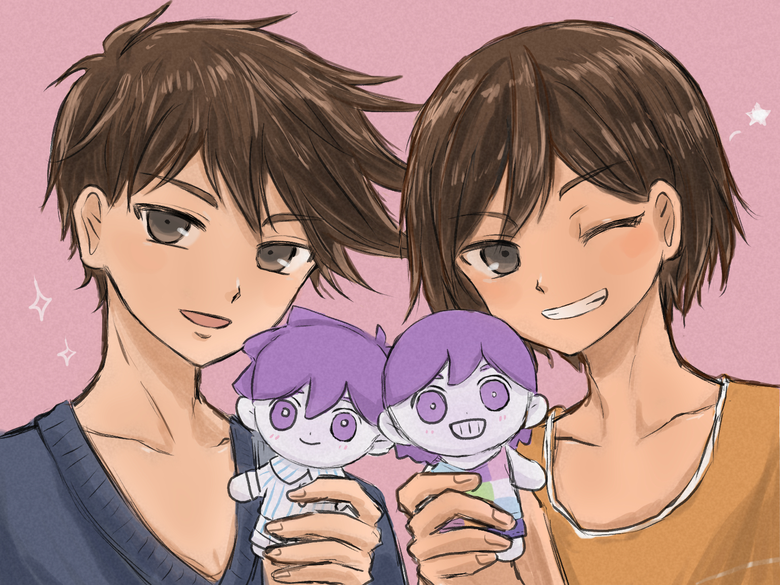 hero (faraway) (omori), hero (headspace) (omori), hero (omori), kel (faraway) (omori), kel (headspace) (omori), kel (omori), omori, commentary, 2boys, :d, ;d, antenna hair, bare shoulders, black eyes, blue sweater, brothers, brown hair, character doll, collarbone, dark-skinned male, dark skin, doll, double-parted bangs, film grain, fingernails, grin, hair behind ear, hair between eyes, hand up, holding, holding doll, male focus, multiple boys, one eye closed, open mouth, orange tank top, pink background, portrait, qq (oooomoribiglove), short hair, siblings, simple background, smile, sparkle, star (symbol), sweater, tank top, v-neck, very short hair, white trim