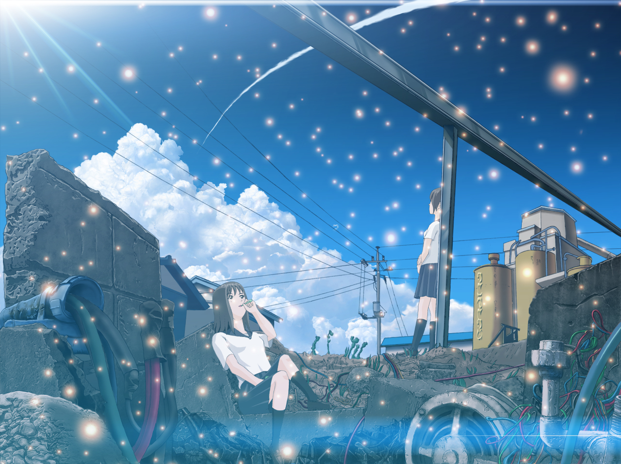 andyanim, bad id, bad pixiv id, 2girls, cable, cloud, contrail, day, leaning, light rays, multiple girls, power lines, ruins, school uniform, sitting, skirt, sky, standing, sun, sunbeam, sunlight