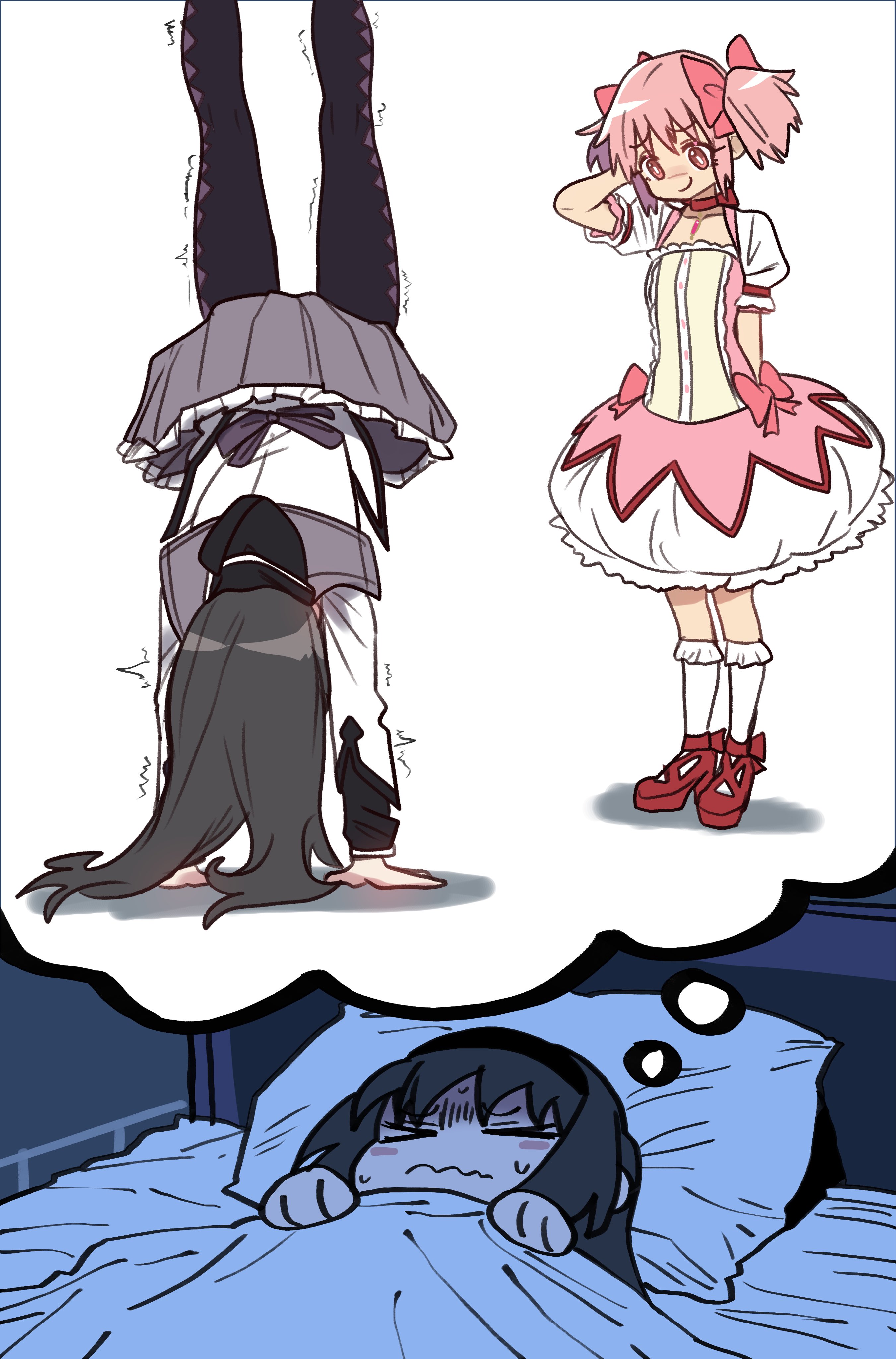 ebora, akemi homura, akemi homura (magical girl), kaname madoka, kaname madoka (magical girl), mahou shoujo madoka magica, mahou shoujo madoka magica (anime), absurdres, highres, > <, 2girls, arm behind head, black hair, black headband, black pantyhose, black ribbon, black sailor collar, blush, bow, choker, dreaming, dress, frilled dress, frilled sleeves, frills, gem, hair bow, handstand, headband, long hair, long sleeves, magical girl, medium hair, multiple girls, pantyhose, pink bow, pink dress, pink eyes, pink gemstone, pink hair, pleated skirt, red ribbon, ribbon, ribbon choker, sailor collar, short twintails, skirt, soul gem, speech bubble, thought bubble, trembling, twintails, upside-down