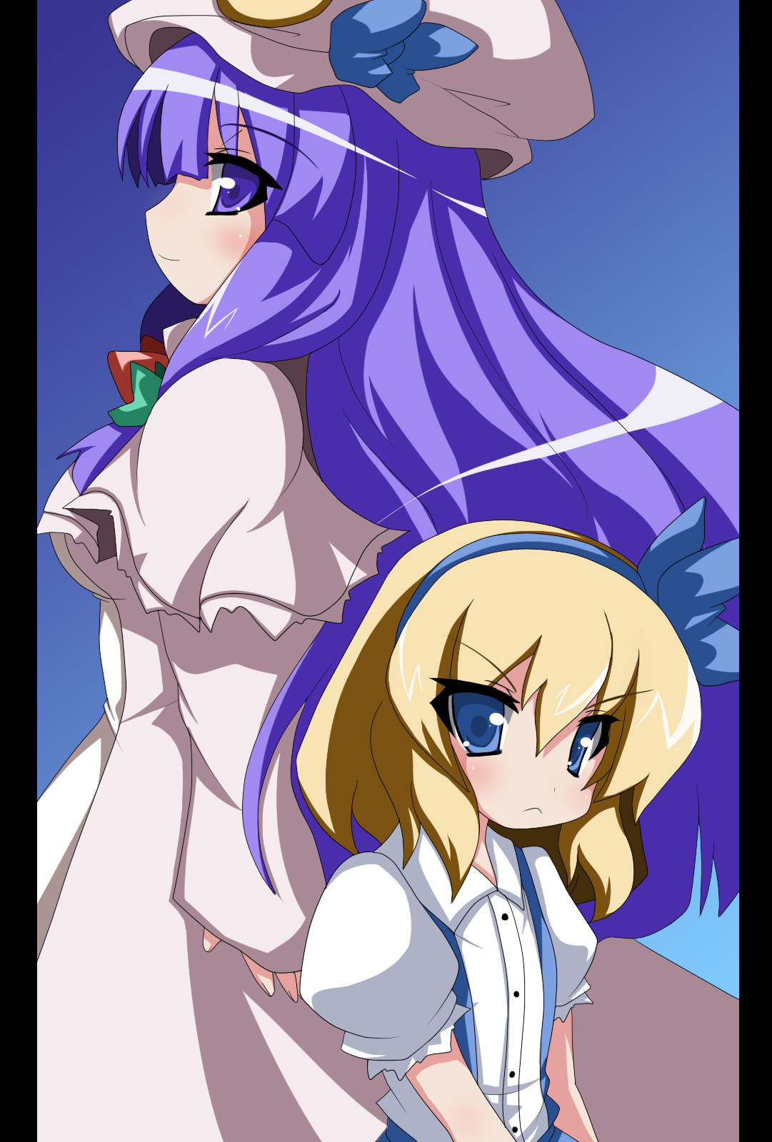 oborotsuki kakeru, alice margatroid, alice margatroid (pc-98), patchouli knowledge, mystic square, touhou, touhou (pc-98), highres, 2girls, blonde hair, blue eyes, female focus, multiple girls, pillarboxed