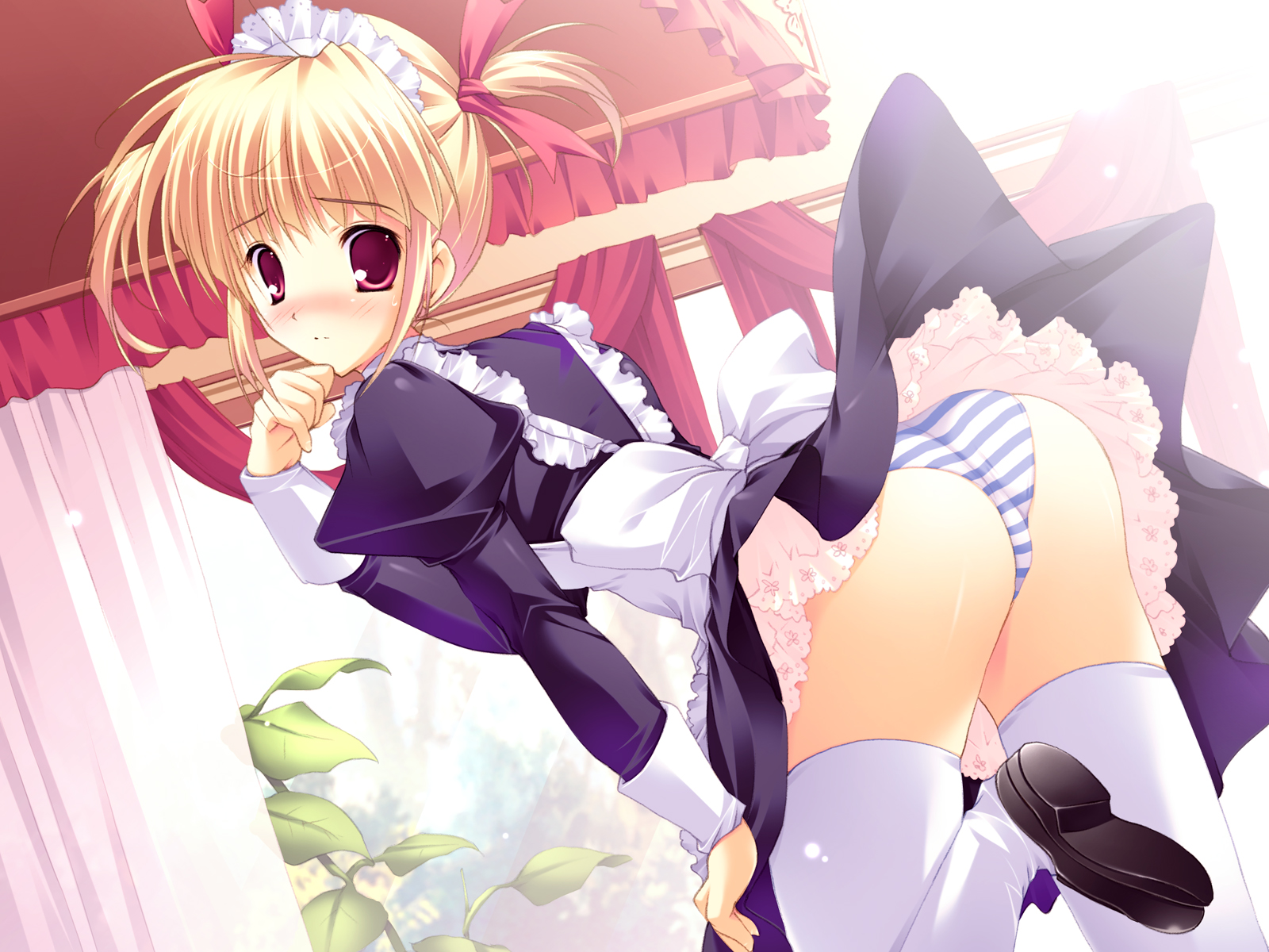 mikeou, eyebrows, highres, 1girl, blonde hair, blush, bow, cafe, female focus, hair bow, looking at viewer, maid, panties, red eyes, solo, striped clothes, striped panties, thighhighs, turning head, underwear, upskirt, waitress, white thighhighs