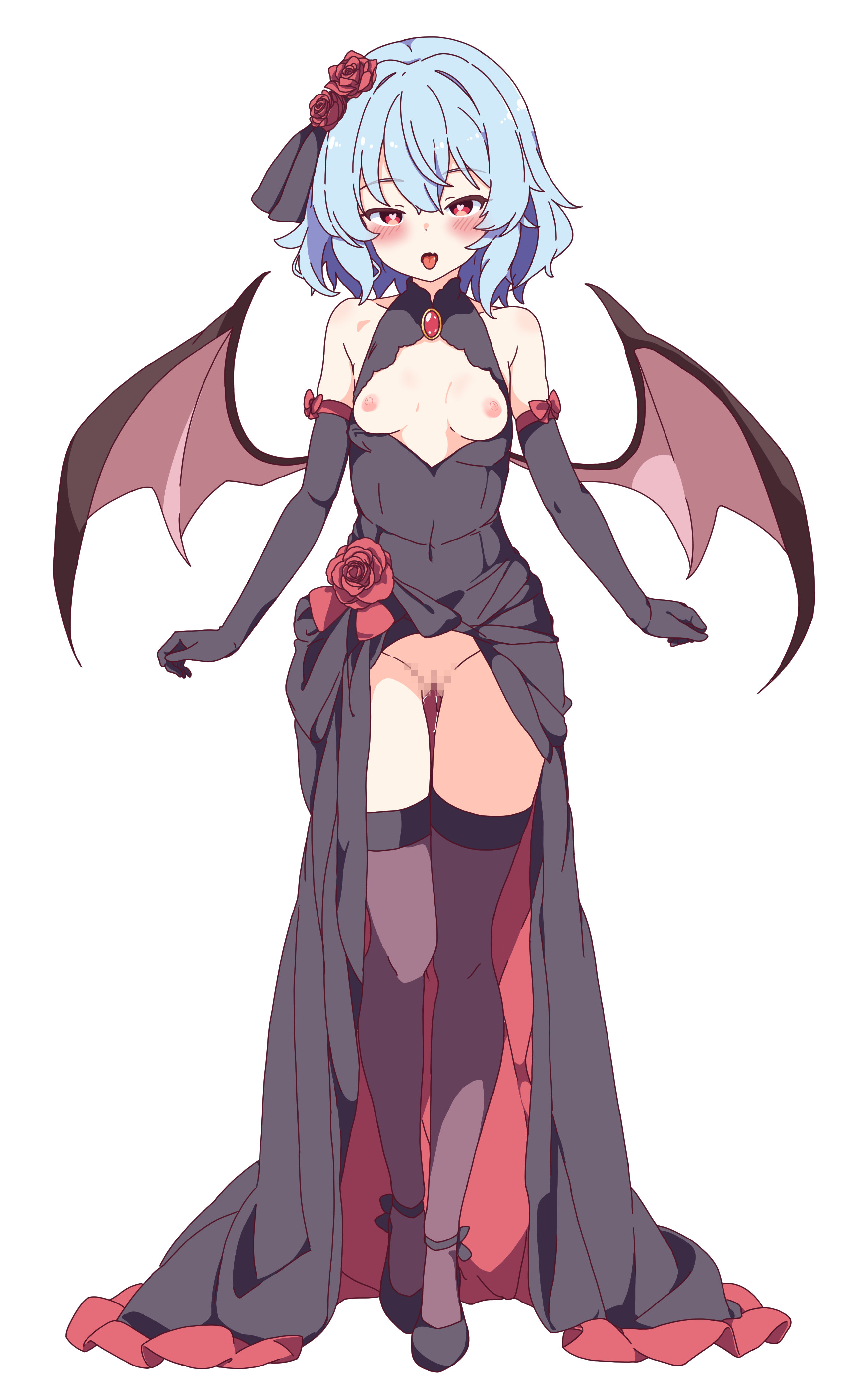 remilia scarlet, touhou, absurdres, highres, 1girl, alternate costume, bat wings, black dress, black gloves, black thighhighs, blue hair, blush, breasts, breasts out, censored, dress, elbow gloves, full body, gloves, heart, heart-shaped pupils, korra down, mosaic censoring, nipples, petite, pussy, pussy juice, red eyes, short hair, simple background, small breasts, solo, standing, symbol-shaped pupils, thighhighs, tongue, tongue out, vampire, walking, white background, wings