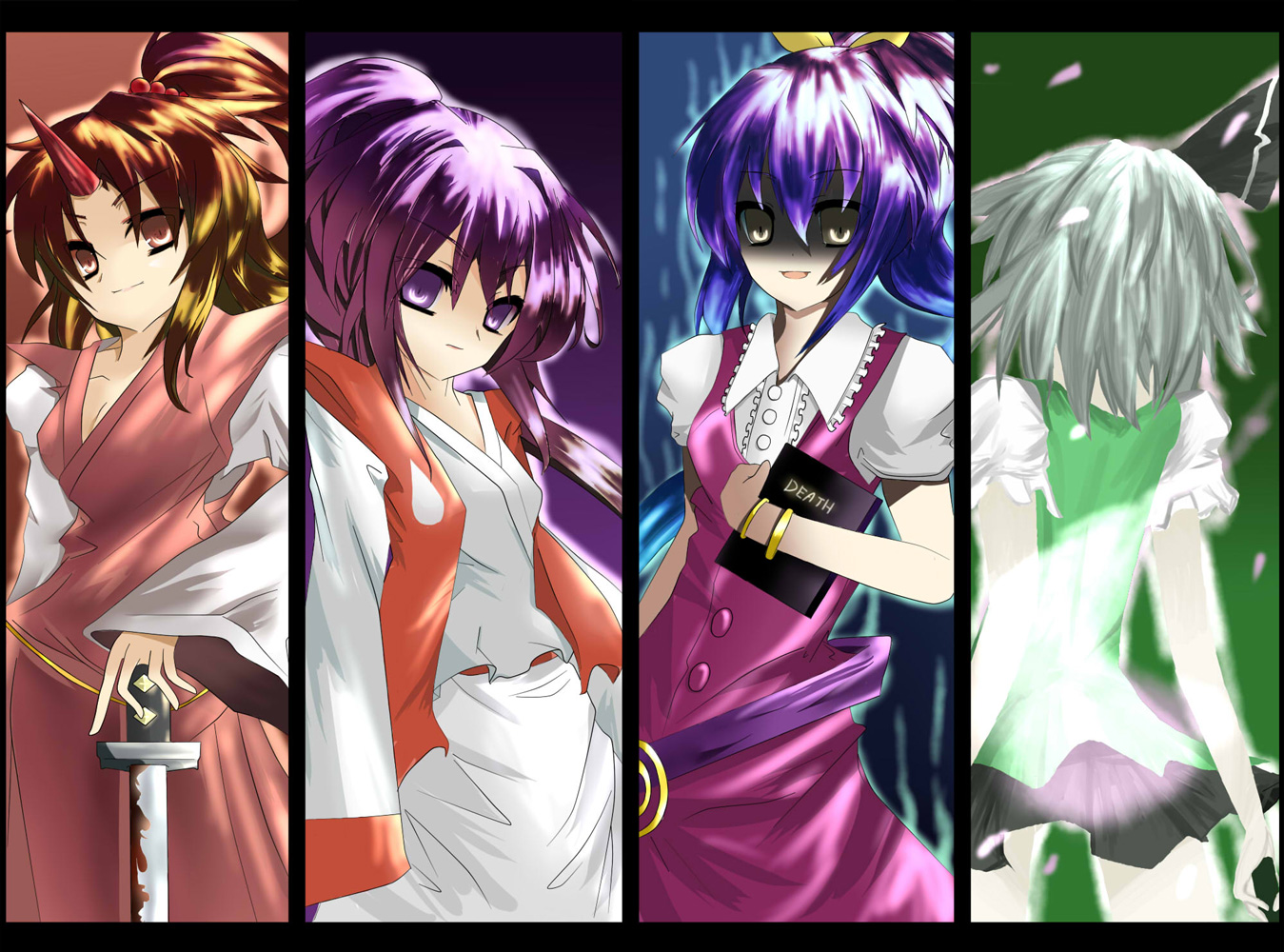 kuroi mizore, mizore (artist), konngara (touhou), konpaku youmu, konpaku youmu (ghost), meira (touhou), watatsuki no yorihime, death note, highly responsive to prayers, silent sinner in blue, the story of eastern wonderland, touhou, touhou (pc-98), touhou bougetsushou, bad id, bad pixiv id, 00s, 4girls, belt, bow, bracelet, brown hair, column lineup, death note (object), female focus, hair bow, hakama, hakama skirt, hitodama, horns, japanese clothes, jewelry, katana, kimono, long hair, multiple girls, ponytail, samurai, shaded face, single horn, skirt, sword, weapon