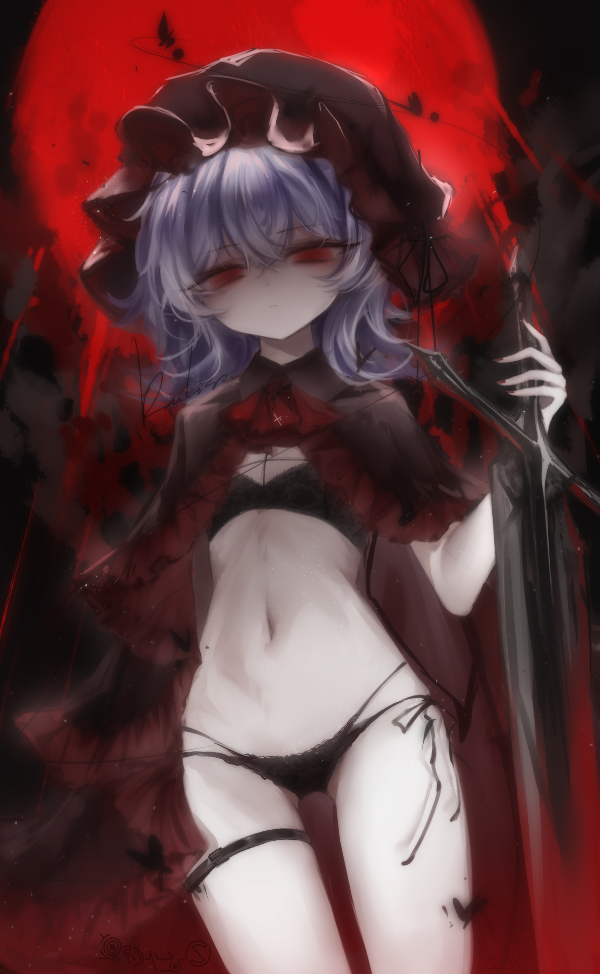 ruliso, remilia scarlet, touhou, highres, 1girl, artist name, black bra, black hat, black panties, bra, breasts, expressionless, frilled hat, frills, full moon, hair between eyes, hat, holding, holding sword, holding weapon, looking at viewer, medium hair, mob cap, moon, navel, panties, purple hair, red eyes, red moon, signature, small breasts, solo, sword, thigh strap, underwear, weapon