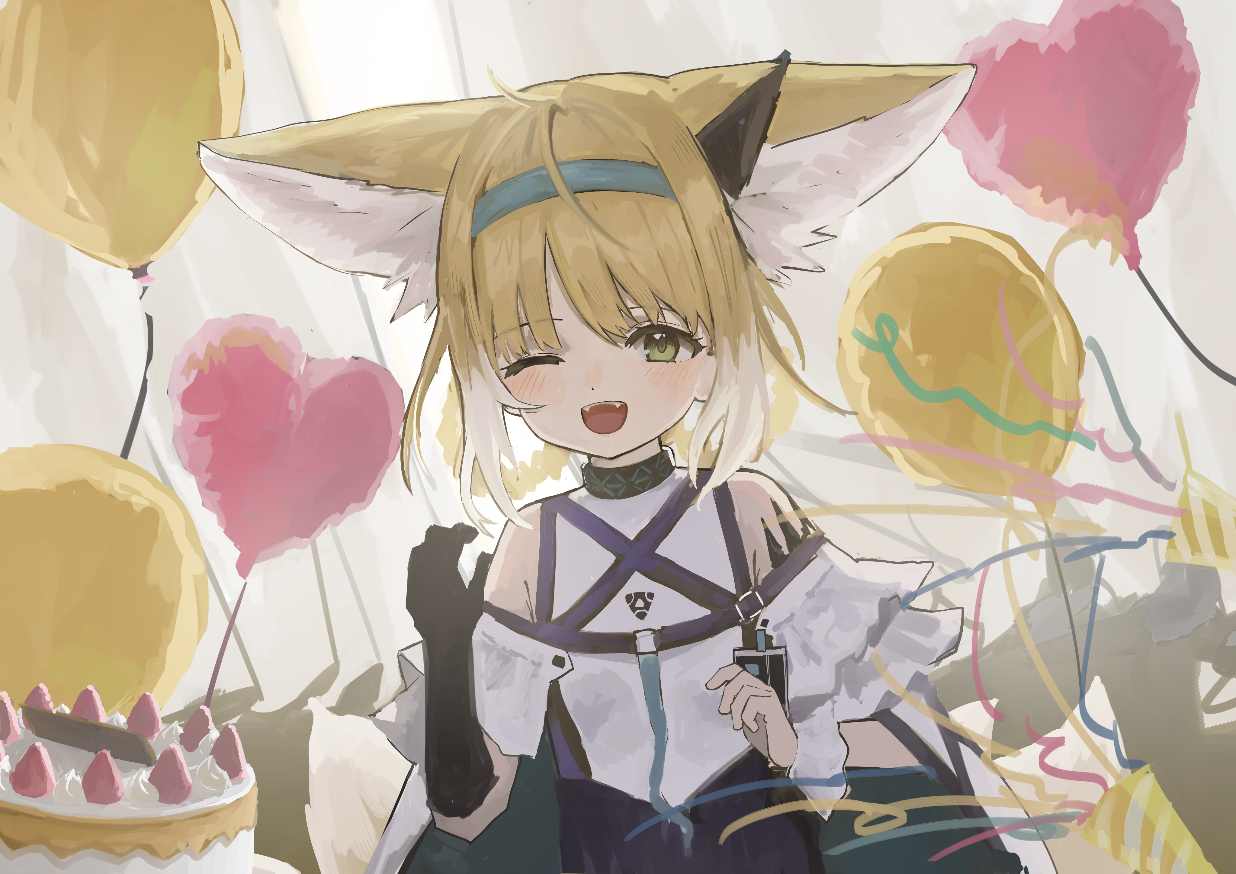 mikeneko90, infection monitor (arknights), suzuran (arknights), arknights, absurdres, commentary, highres, 1girl, :d, animal ears, balloon, black gloves, blonde hair, blue hairband, braid, braided hair rings, cake, colored tips, earpiece, food, fox ears, fox girl, gloves, green eyes, hair rings, hairband, heart balloon, material growth, multicolored hair, one eye closed, open mouth, oripathy lesion (arknights), short hair, single glove, smile, solo, strawberry shortcake, streamers, teeth, twin braids, upper teeth only, white hair