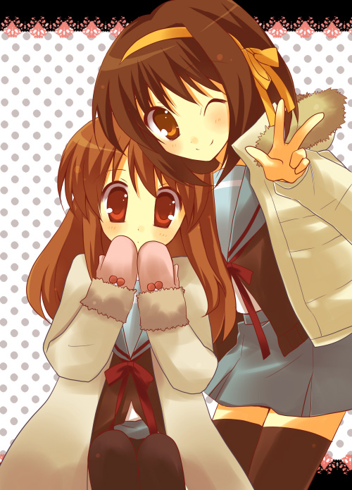 pokopi, asahina mikuru, suzumiya haruhi, suzumiya haruhi no yuuutsu, black legwear, 00s, 2girls, ;), blush, coat, covering own mouth, hairband, head tilt, long sleeves, looking at viewer, mittens, multiple girls, one eye closed, short hair, smile, tareme, thighhighs, w, winter clothes, winter coat, zettai ryouiki