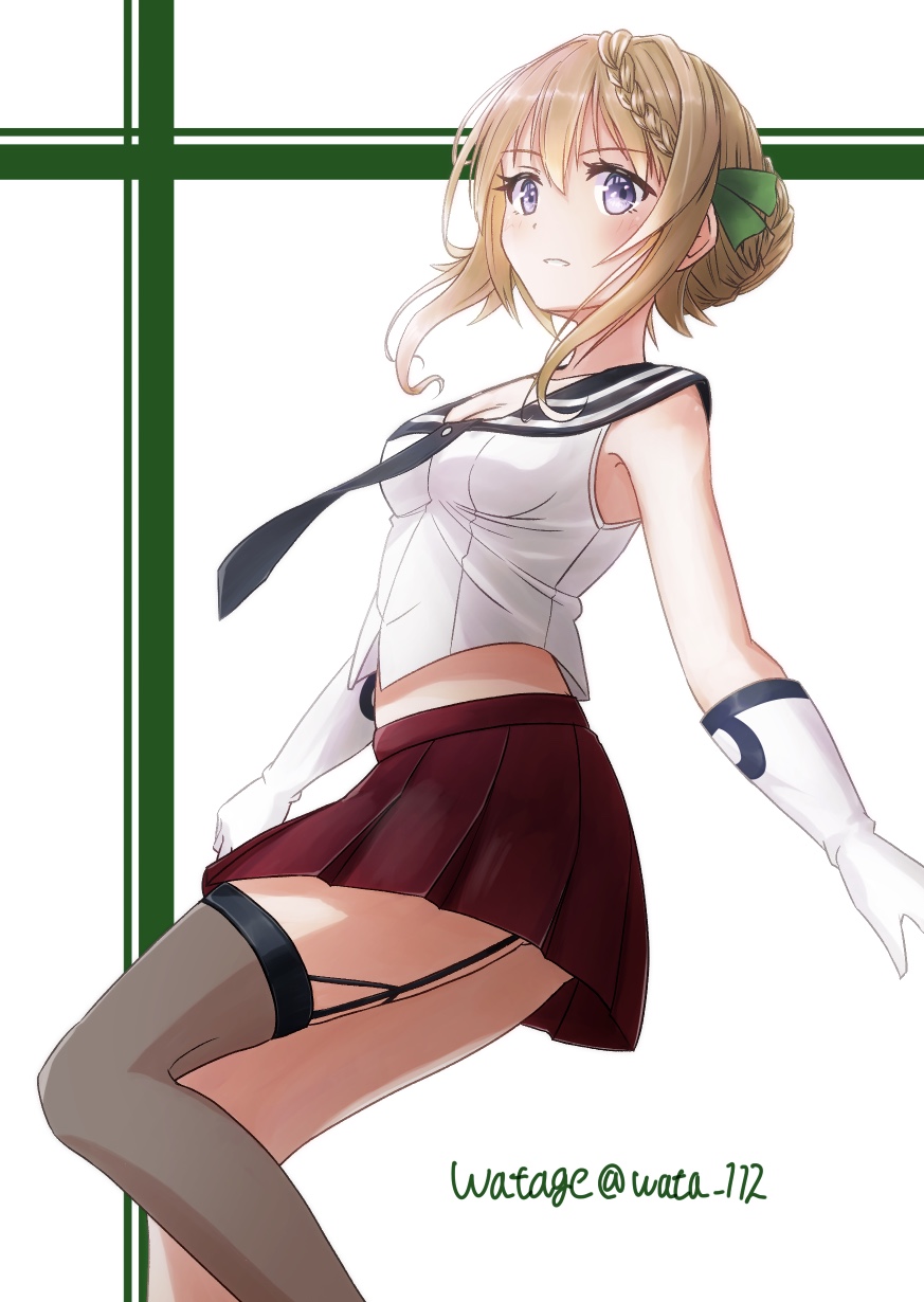 watage (wata), agano (kancolle), perth (kancolle), kantai collection, commentary request, highres, 1girl, agano (kancolle) (cosplay), armpits, artist name, black garter belt, black necktie, black sailor collar, blonde hair, blush, braid, breasts, cleavage, cosplay, feet out of frame, from side, garter belt, gloves, green ribbon, grey thighhighs, hair bun, hair ribbon, looking at viewer, looking to the side, medium breasts, medium hair, midriff, miniskirt, necktie, parted lips, pleated skirt, purple eyes, red skirt, ribbon, sailor collar, shirt, sidelocks, sideways glance, simple background, single hair bun, single thighhigh, skirt, sleeveless, sleeveless shirt, smile, solo, striped background, thighhighs, twitter username, white background, white gloves, white shirt