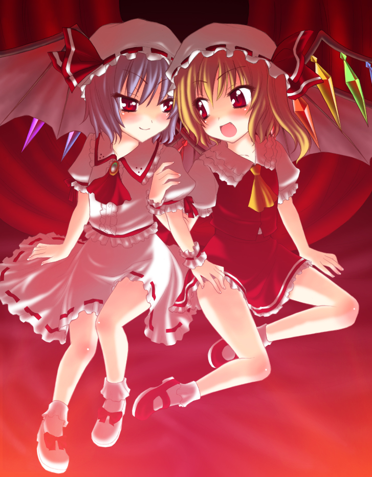 saki chisuzu, flandre scarlet, remilia scarlet, touhou, 2girls, blouse, collared shirt, female focus, frilled shirt, frills, hat, mob cap, multiple girls, red background, red theme, ribbon-trimmed skirt, ribbon trim, shirt, siblings, sisters, socks, white shirt