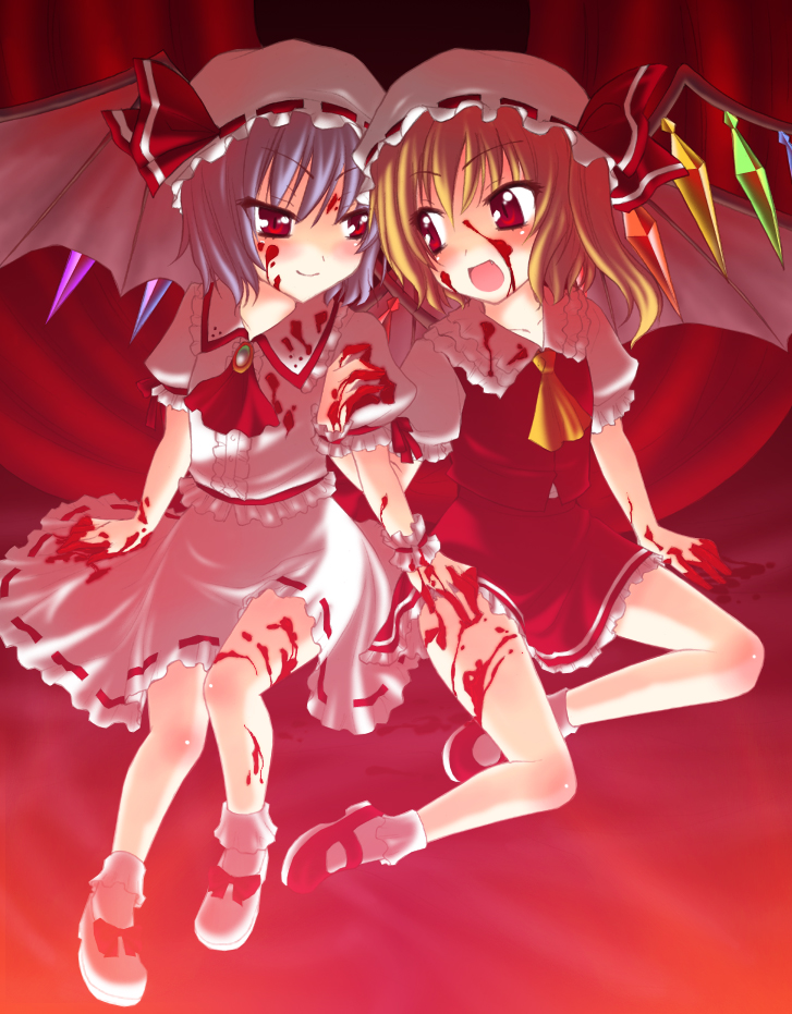 saki chisuzu, flandre scarlet, remilia scarlet, touhou, 2girls, blood, blouse, collared shirt, female focus, frilled shirt, frills, hat, mob cap, multiple girls, red background, red theme, ribbon-trimmed skirt, ribbon trim, shirt, siblings, sisters, socks, white shirt