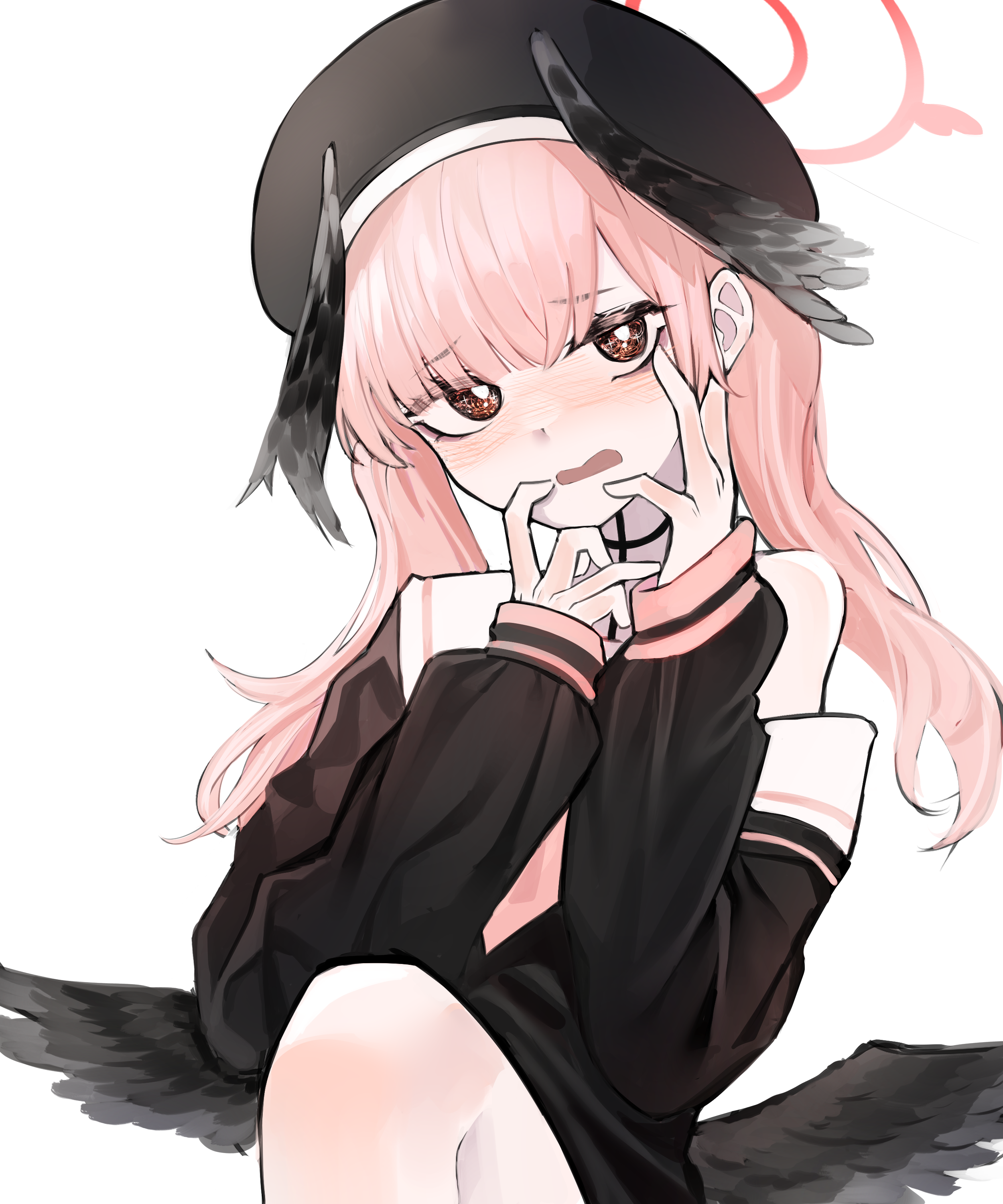 ka keo, koharu (blue archive), blue archive, absurdres, highres, 1girl, beret, black choker, black hat, black shirt, black wings, blush, bright pupils, choker, embarrassed, eyes visible through hair, feathered wings, furrowed brow, hair between eyes, halo, hands up, hat, head wings, knee up, long hair, looking at viewer, low wings, nose blush, pink hair, pink halo, red eyes, sailor collar, school uniform, serafuku, shirt, simple background, single bare shoulder, sleeves past wrists, solo, sparkling eyes, twintails, upper body, white background, white pupils, white sailor collar, wings