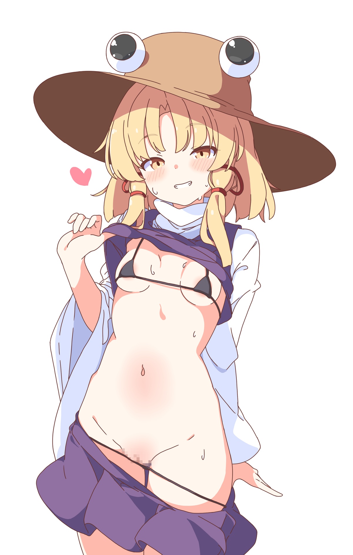 moriya suwako, touhou, highres, 1girl, bikini, bikini pull, black bikini, blonde hair, breasts, brown hat, censored, clothes lift, clothes pull, cowboy shot, grin, hat, korra down, looking at viewer, medium hair, micro bikini, miniskirt, mosaic censoring, navel, petite, purple skirt, purple vest, shirt, shirt lift, simple background, skirt, skirt pull, small breasts, smile, solo, stomach, swimsuit, vest, white background, white shirt, yellow eyes