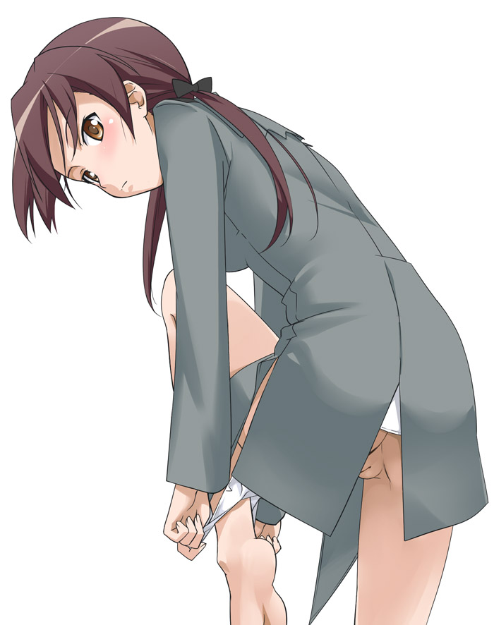 youkan, gertrud barkhorn, strike witches, world witches series, 00s, 1girl, barefoot, blouse, bottomless, brown eyes, brown hair, feet, female focus, green shirt, long hair, looking back, no panties, panties, panties around leg, panty pull, pussy, shirt, simple background, soles, solo, standing, standing on one leg, uncensored, underwear, undressing, white background, white panties