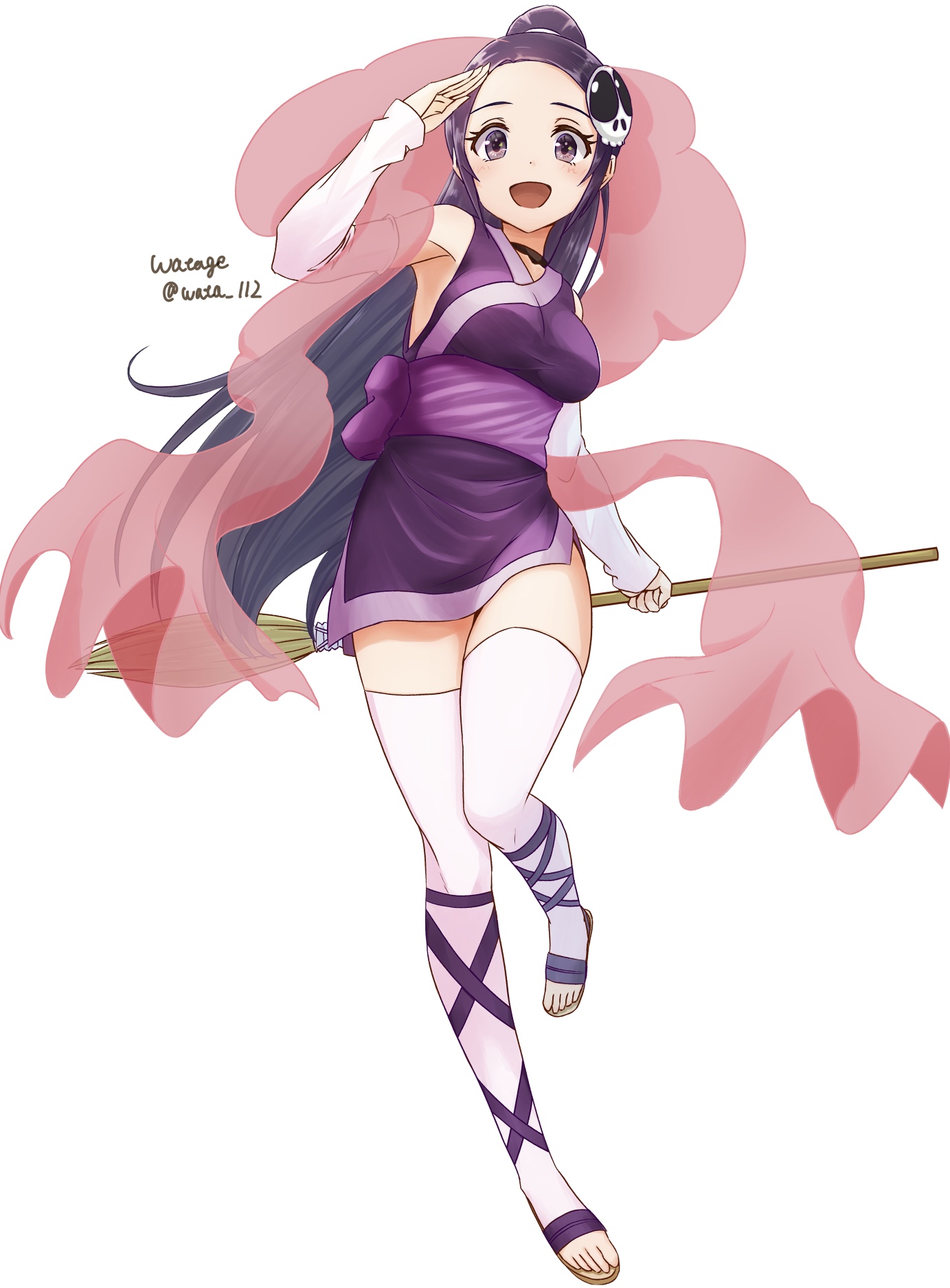 watage (wata), elysia de lute ima, kami nomi zo shiru sekai, commentary request, highres, 1girl, :d, armpits, artist name, bare shoulders, black choker, blush, breasts, broom, brown sandals, choker, detached sleeves, dot nose, full body, grey eyes, hagoromo, hair ornament, hand up, high ponytail, holding, holding broom, japanese clothes, kimono, large breasts, leg ribbon, leg up, long hair, looking at viewer, obi, open mouth, parted bangs, ponytail, purple hair, purple kimono, purple ribbon, purple sash, ribbon, salute, sandals, sash, shawl, short kimono, sidelocks, simple background, skull hair ornament, sleeveless, sleeveless kimono, smile, solo, standing, standing on one leg, thighhighs, toeless legwear, turning head, twitter username, very long hair, white background, white sleeves, white thighhighs, zettai ryouiki