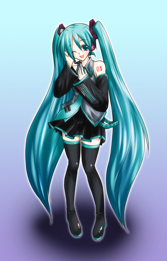 romu, hatsune miku, vocaloid, bad id, bad pixiv id, aqua eyes, aqua hair, detached sleeves, headset, legs, long hair, necktie, skirt, solo, thighhighs, twintails, very long hair