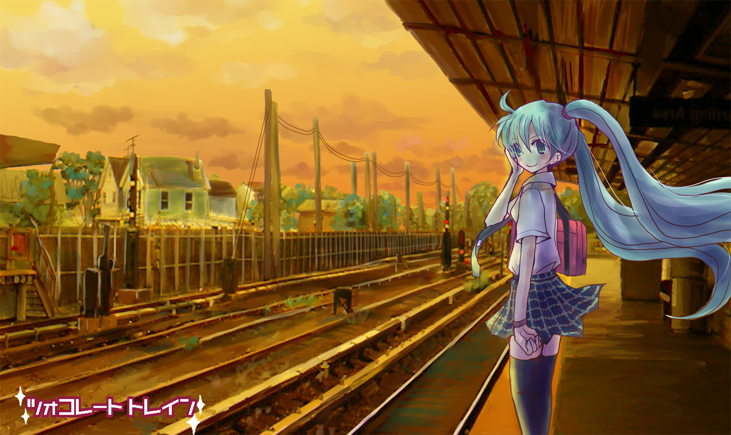 nishikawa rina, hatsune miku, vocaloid, aqua eyes, aqua hair, long hair, necktie, railroad tracks, skirt, solo, thighhighs, train station, twintails
