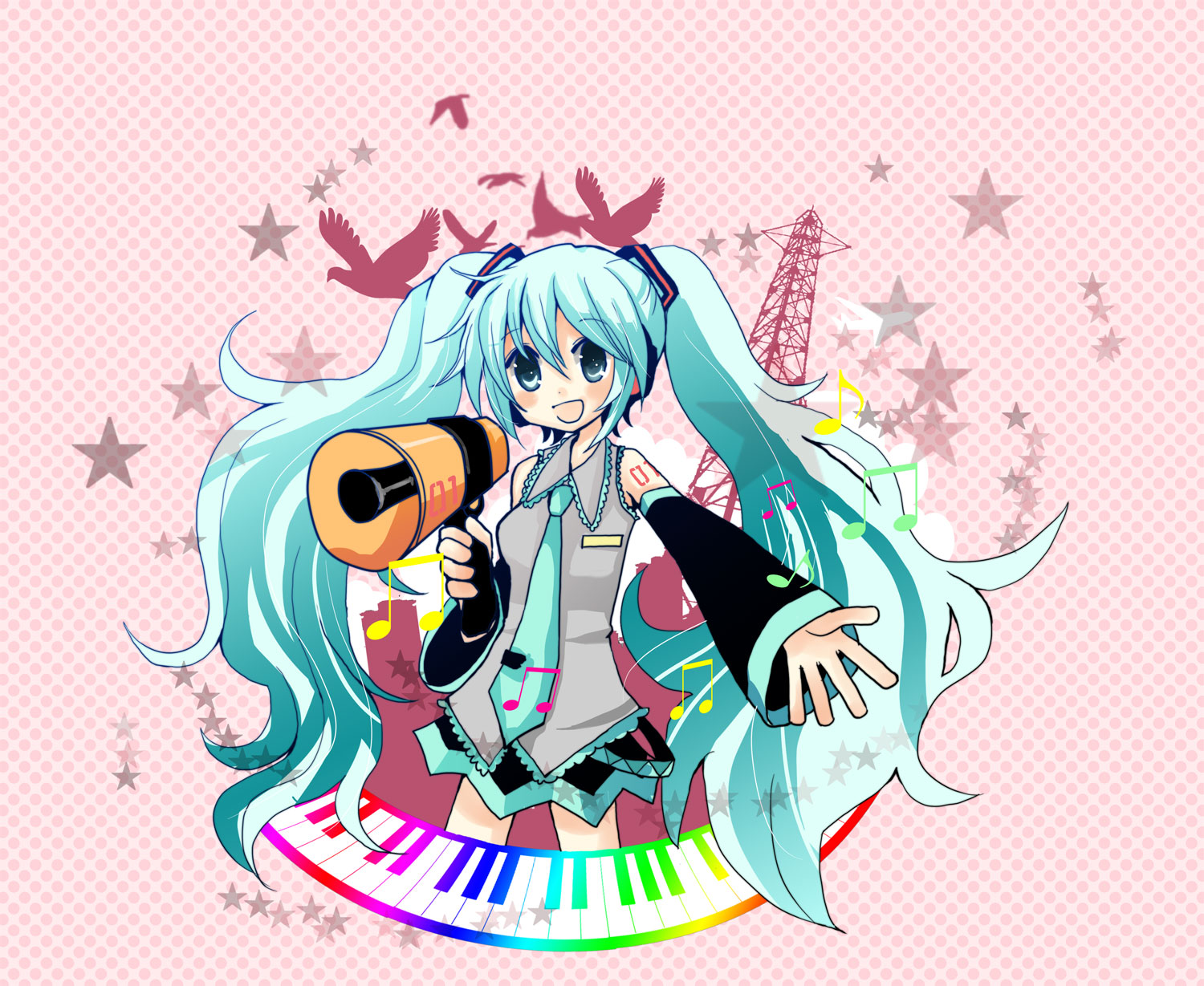 nishikawa rina, hatsune miku, vocaloid, highres, aqua eyes, aqua hair, detached sleeves, long hair, megaphone, necktie, skirt, solo, twintails