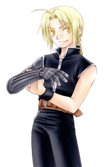 suzuri (dara), suzuri (pixiv18003), edward elric, fullmetal alchemist, 00s, 1boy, ahoge, asymmetrical arms, automail, belt, blonde hair, braid, braided ponytail, male focus, mechanical arms, prosthesis, single braid, single mechanical arm, smile, solo, yellow eyes