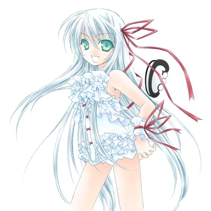 suzuri (dara), suzuri (pixiv18003), al azif (demonbane), demonbane, 00s, green eyes, hair ribbon, long hair, ribbon, solo, white hair, wrist cuffs