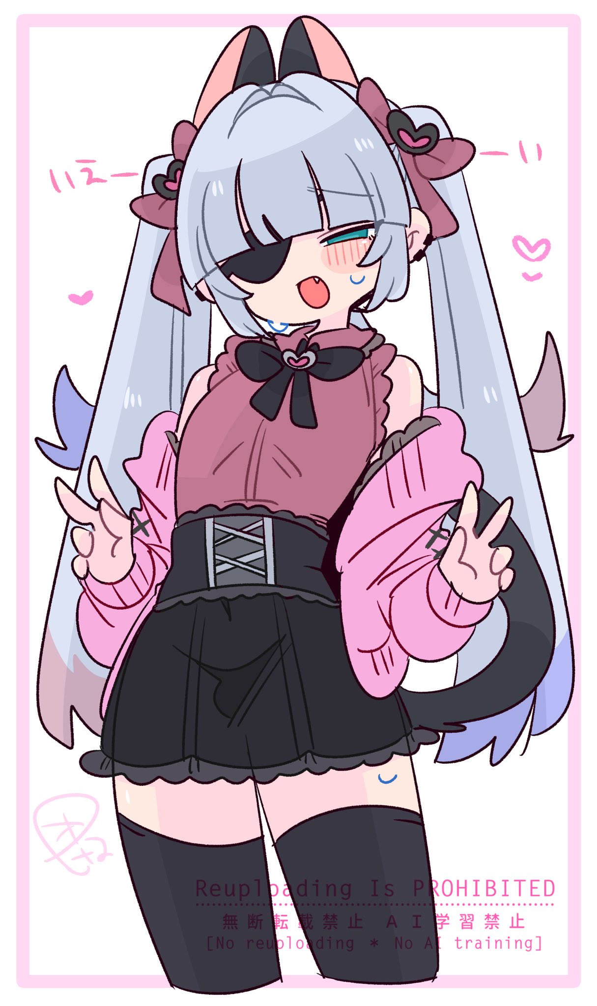op na yarou, original, commentary, highres, 1boy, :o, animal ears, bare shoulders, black bow, black bowtie, black corset, black skirt, black tail, black thighhighs, blue eyes, blue hair, blunt bangs, blush, bow, bowtie, bulge, cardigan, cat boy, cat ears, cat tail, collared shirt, colored tips, corset, cowboy shot, crossdressing, crossdressing (mtf), double v, earclip, extra ears, eyepatch, fang, flipped hair, frilled shirt, frilled skirt, frills, from below, hair bow, hair intakes, hair ornament, hands up, heart, heart hair ornament, long hair, long sleeves, male focus, miniskirt, multicolored hair, narrowed eyes, no nose, off shoulder, one eye covered, open cardigan, open clothes, open mouth, panties, pink bow, pink cardigan, pink shirt, quad tails, raised inner eyebrows, red hair, rigel (op na yarou), see-through clothes, see-through skirt, shirt, sidelocks, simple background, skirt, sleeveless, sleeveless shirt, solo, standing, straight hair, sweatdrop, tail, thighhighs, thighs, trap, underwear, v, very long hair, watermark, white background, white hair