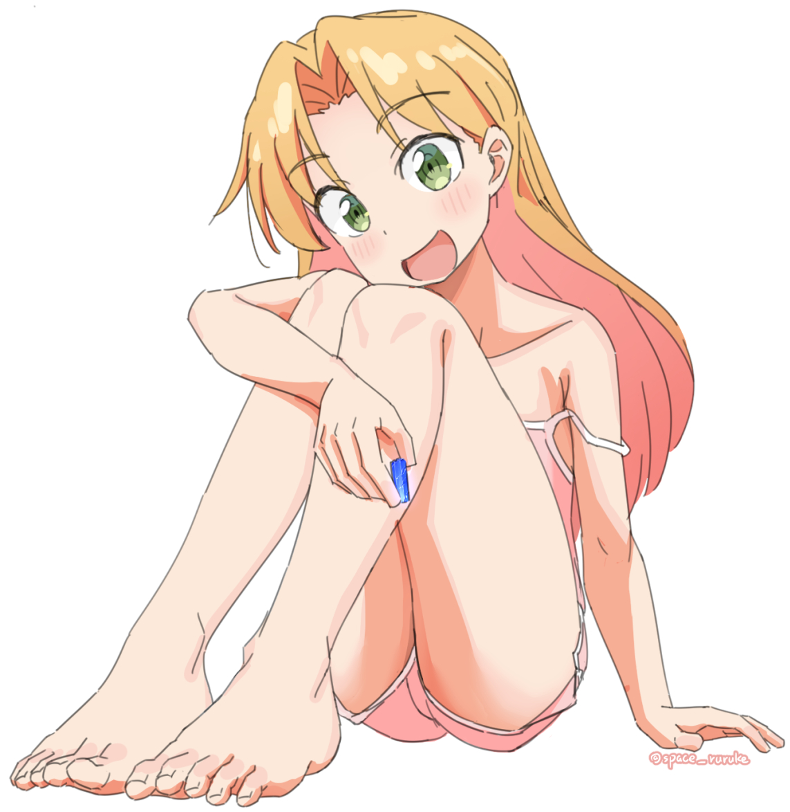 spacepaprika, tanigawa ruri, ruri no houseki, barefoot, blonde hair, double strap slip, strap lift, strap pull, strap slip, toes