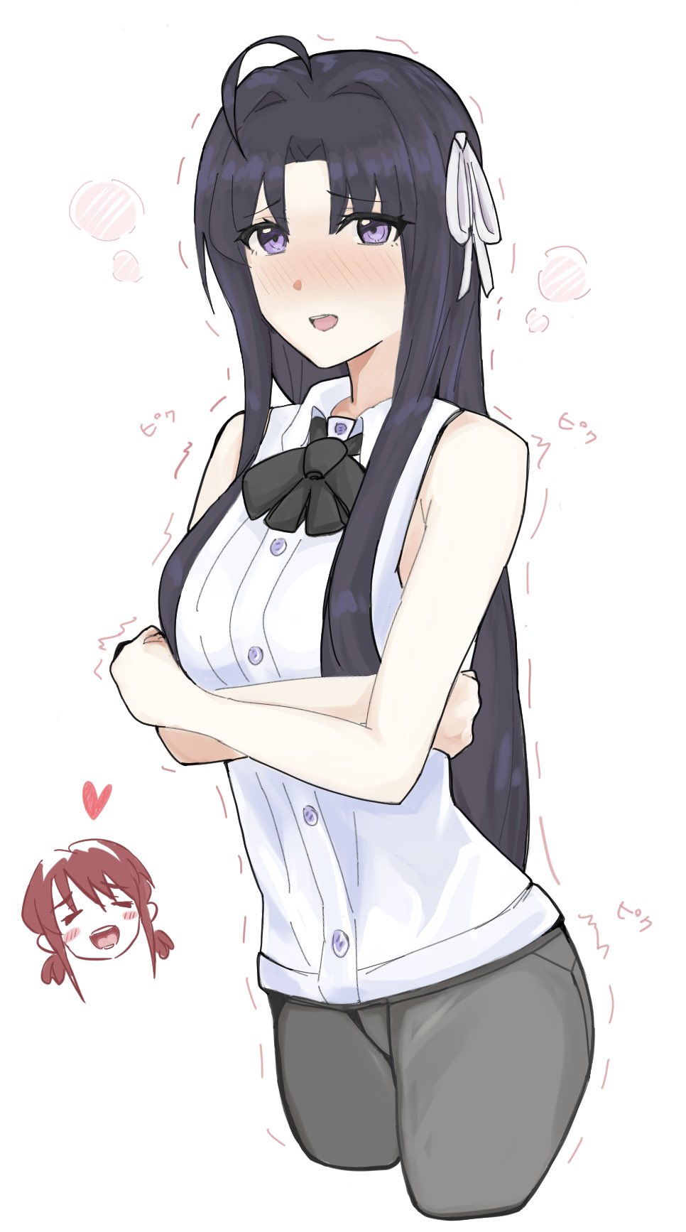 n nai nai n, awa subaru, iseri nina, girls band cry, highres, 2girls, ahoge, black hair, blush, brown hair, closed eyes, crossed arms, grey pants, hair ribbon, heart, long hair, low twintails, multiple girls, open mouth, pants, parted bangs, purple eyes, ribbon, shirt, short hair, short twintails, simple background, sleeveless, sleeveless shirt, trembling, twintails, white background, white shirt