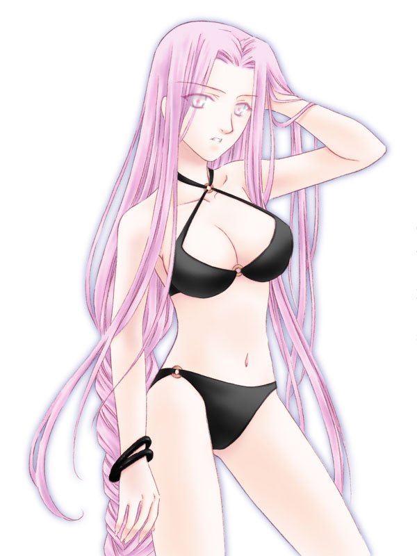suzuri (dara), suzuri (pixiv18003), medusa (fate), medusa (rider) (fate), fate/stay night, fate (series), bad id, bad pixiv id, 00s, 1girl, adjusting hair, bikini, black bikini, breasts, cleavage, female focus, long hair, official alternate costume, pink eyes, purple hair, solo, square pupils, swimsuit, very long hair