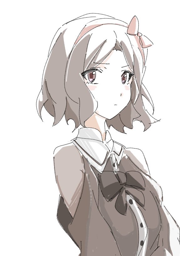 n nai nai n, ebizuka tomo, girls band cry, 1girl, black bow, black bowtie, black dress, bow, bowtie, brown eyes, closed mouth, dress, grey hair, hairband, looking at viewer, red hairband, short hair, solo, upper body