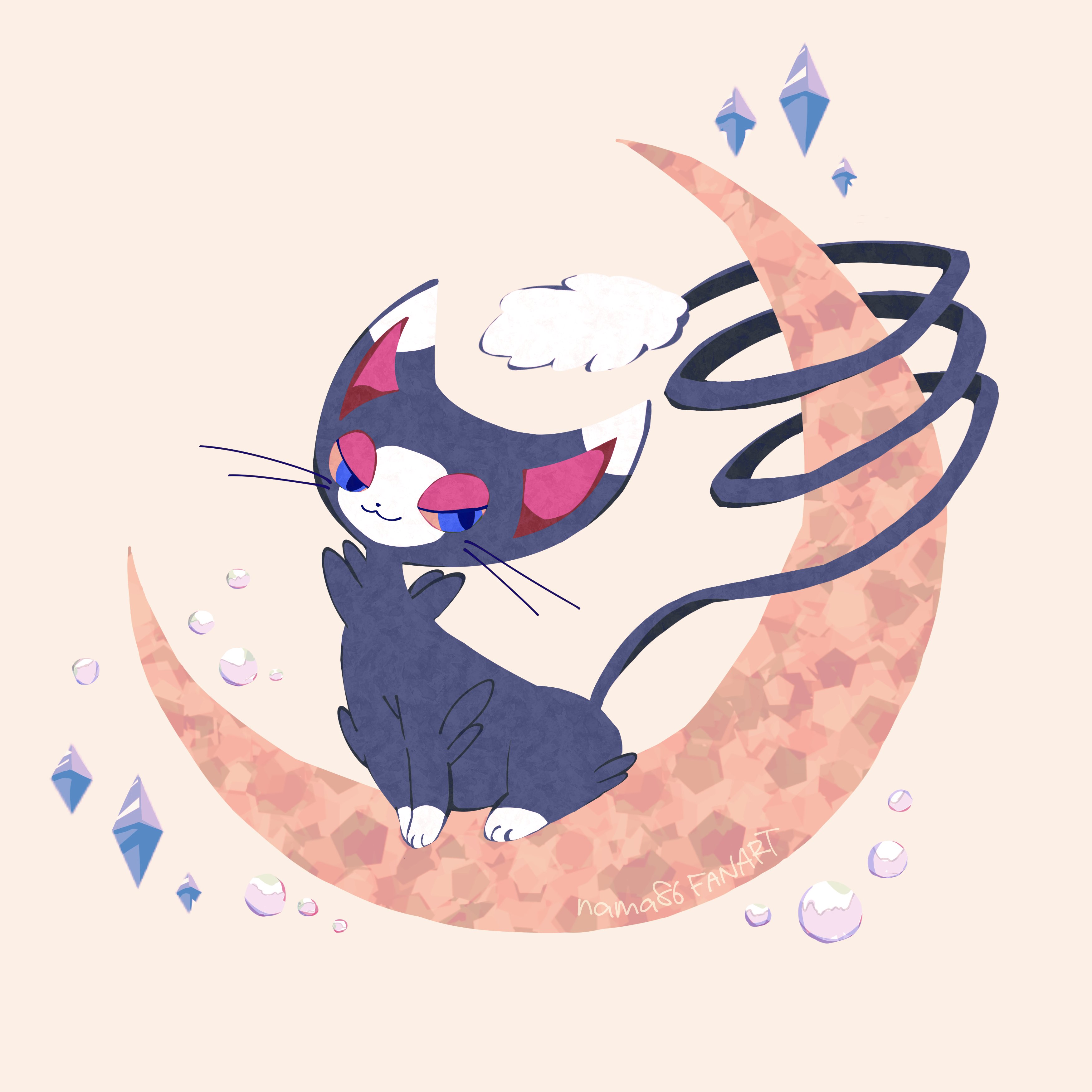 nama86, glameow, nintendo, pokemon, absurdres, highres, mixed-language commentary, animal focus, blue eyes, cat, closed mouth, colored sclera, crescent, diamond (gemstone), gem, gen 4 pokemon, moon, no humans, pearl (gemstone), pokemon (creature), pokemon focus, simple background, smile, solo, yellow sclera